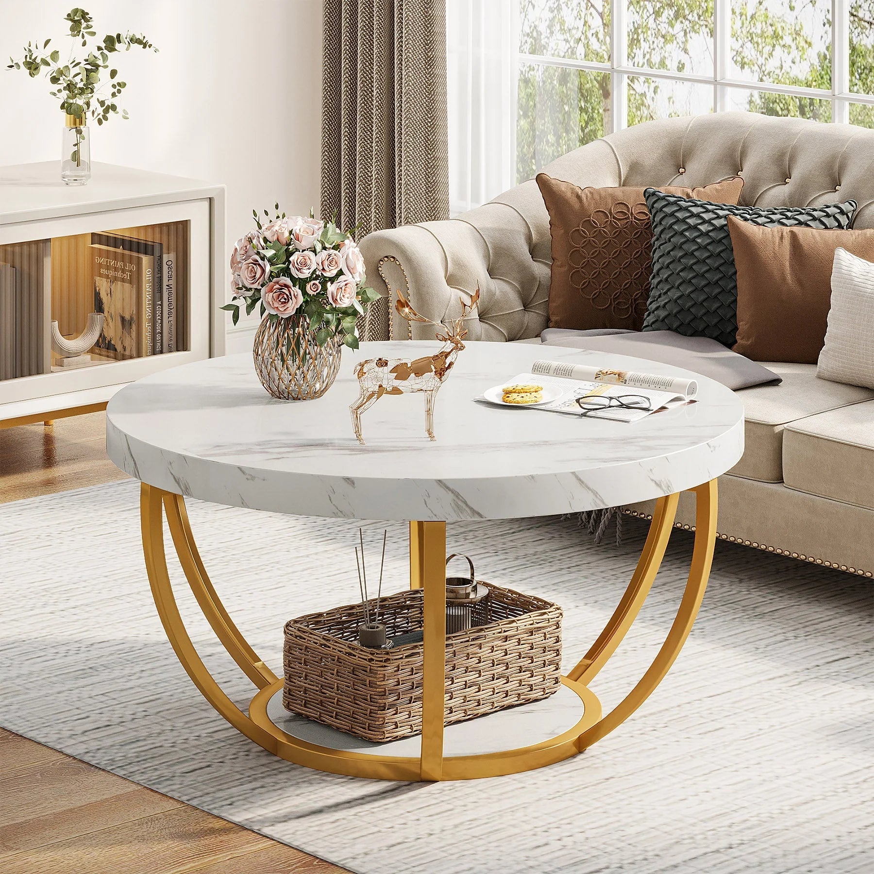 Tribesigns Table basse ronde, Table basse ovale en bois et metal noir