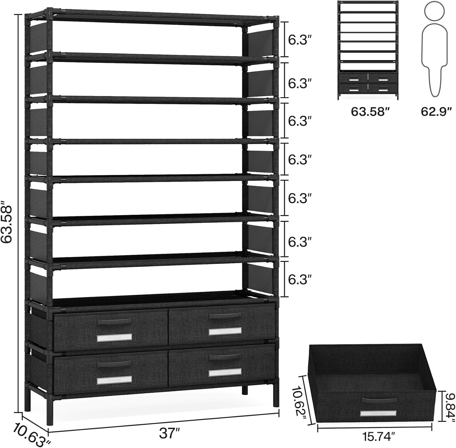 10-fach Schuhregal mit 4 Schubladen - 85 cm hoher Schuhschrank für 32 Paare