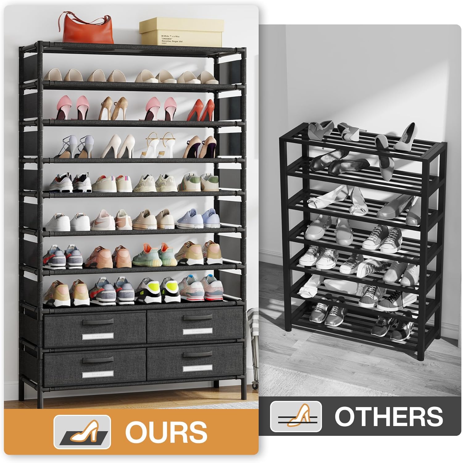 10-fach Schuhregal mit 4 Schubladen - 85 cm hoher Schuhschrank für 32 Paare