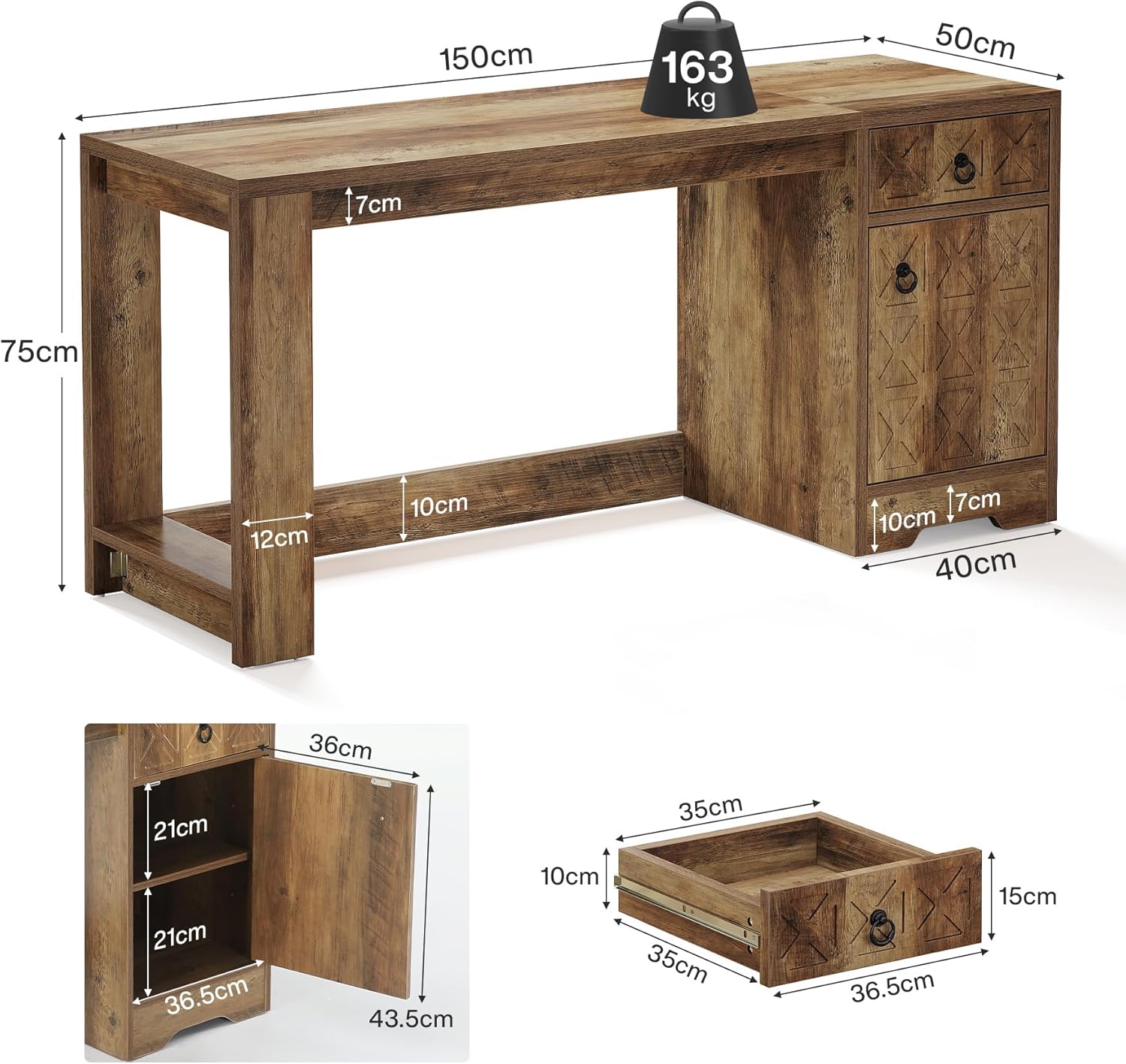 150cm Homeoffice-Tisch mit Stauraum - Landhausdesign in Braun