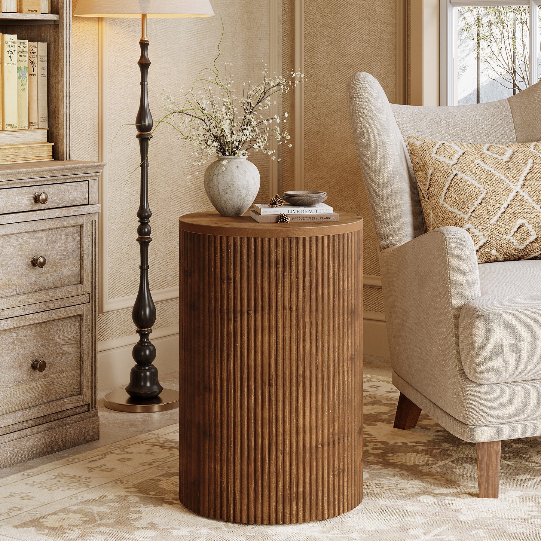 Table d'appoint ronde en bois massif avec rangement, Table d'appoint rainurée à monter soi-même, avec 4 roulettes