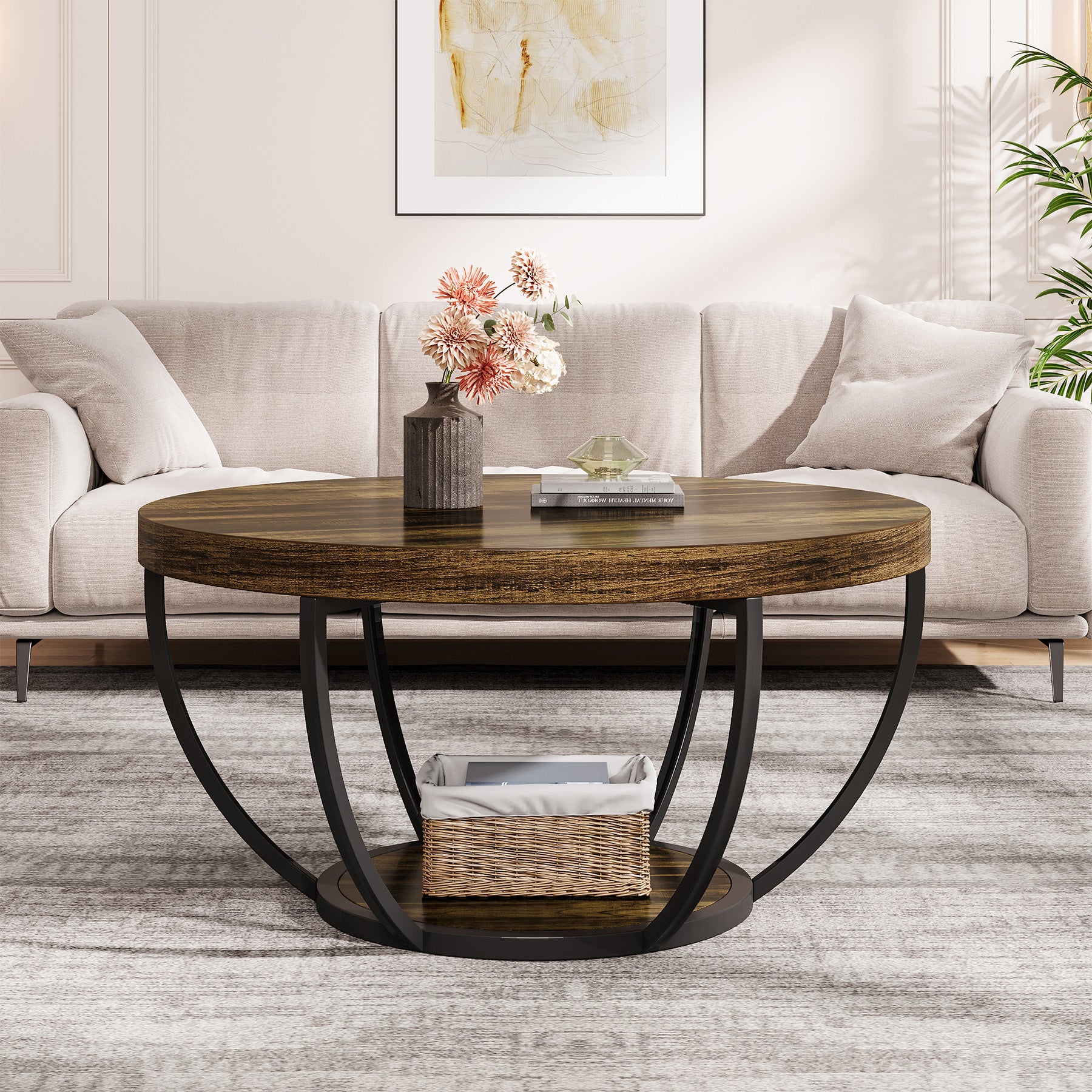 Tribesigns Table basse ronde, Table basse ovale en bois et metal noir