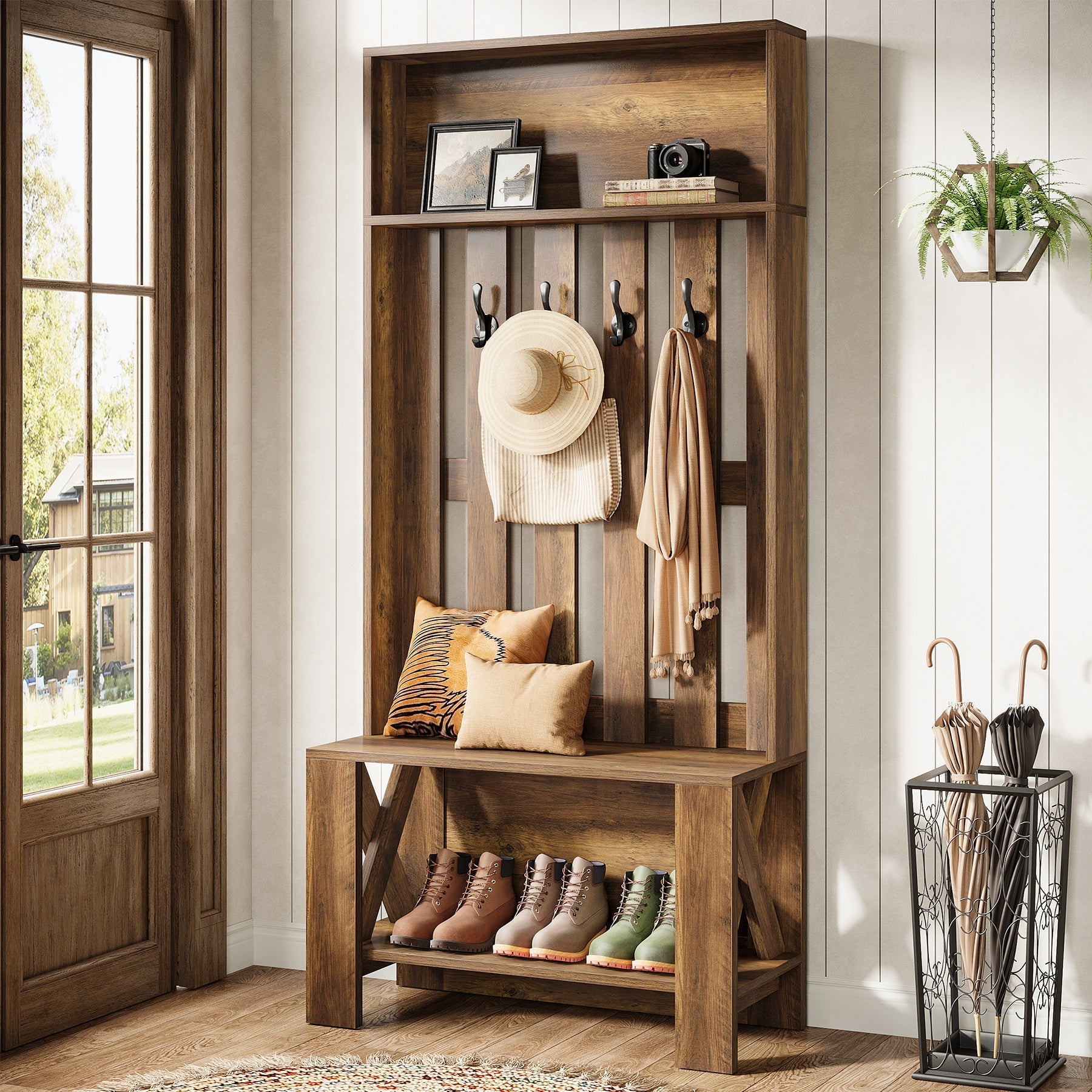 Meuble d'entrée de 180 cm avec banc et rangement à chaussures, Porte-manteau étroit avec crochets pour entrée et couloir