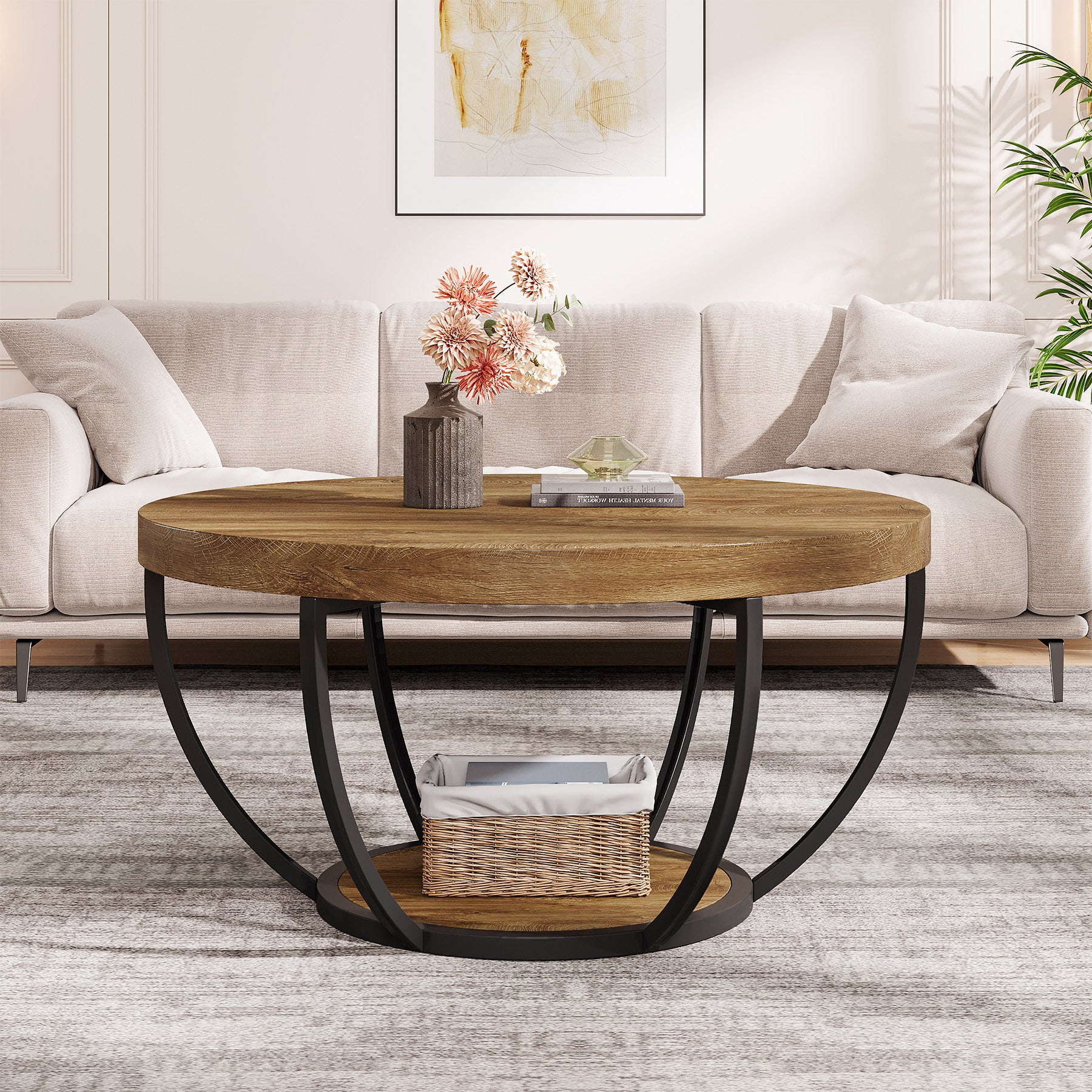 Tribesigns Table basse ronde, Table basse ovale en bois et metal noir