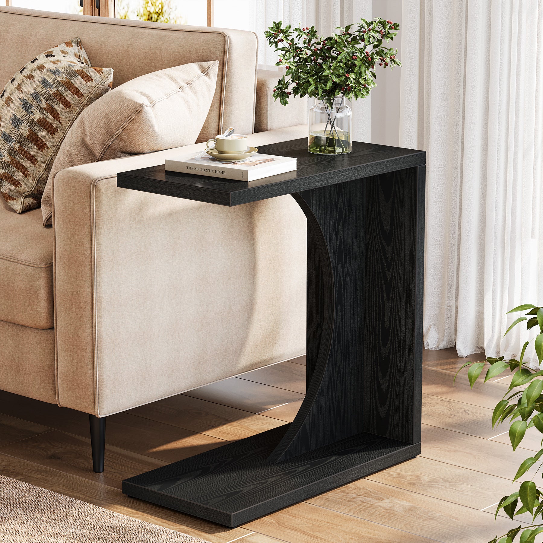 Tribesigns Table d'appoint en forme de C 60×30×65 cm, Style rustique pour canapé