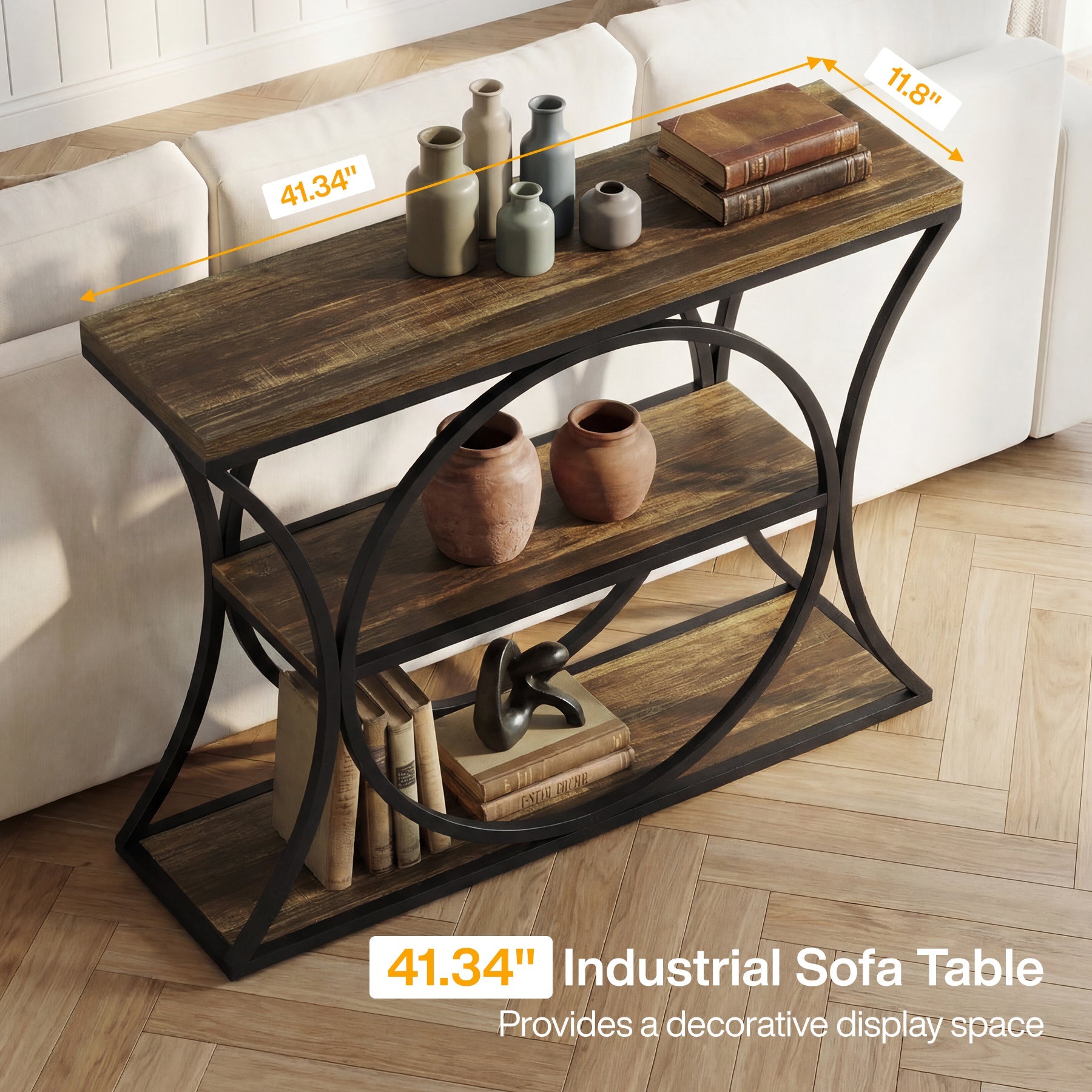 Tribesigns Console industrielle de 105 cm, Table d'appoint à 3 niveaux avec structure arquée