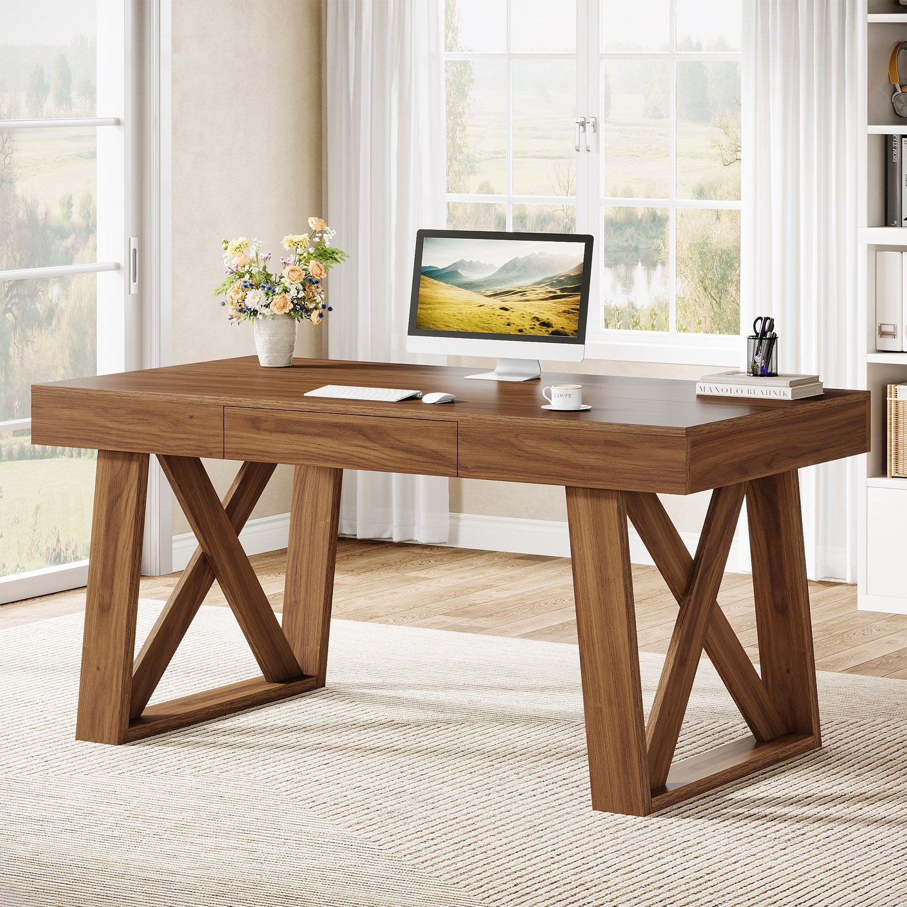 Tribesigns Bureau 140cm de Large avec Tiroir, Table d'étude Rétro Brun