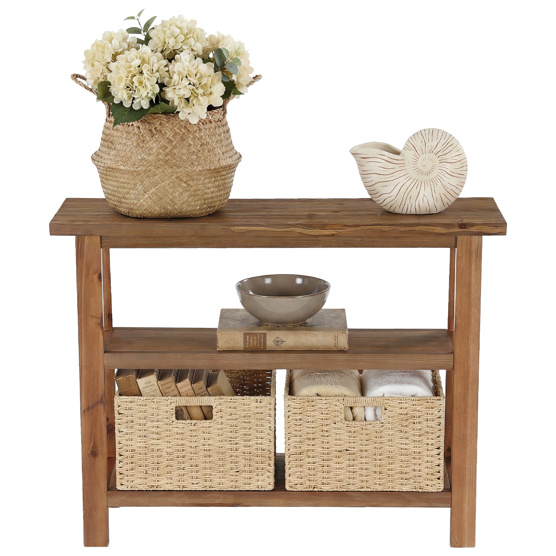 Console en bois massif avec rangement, 105 cm de large, Console étroite de style champêtre avec 2 paniers de rangement et une étagère