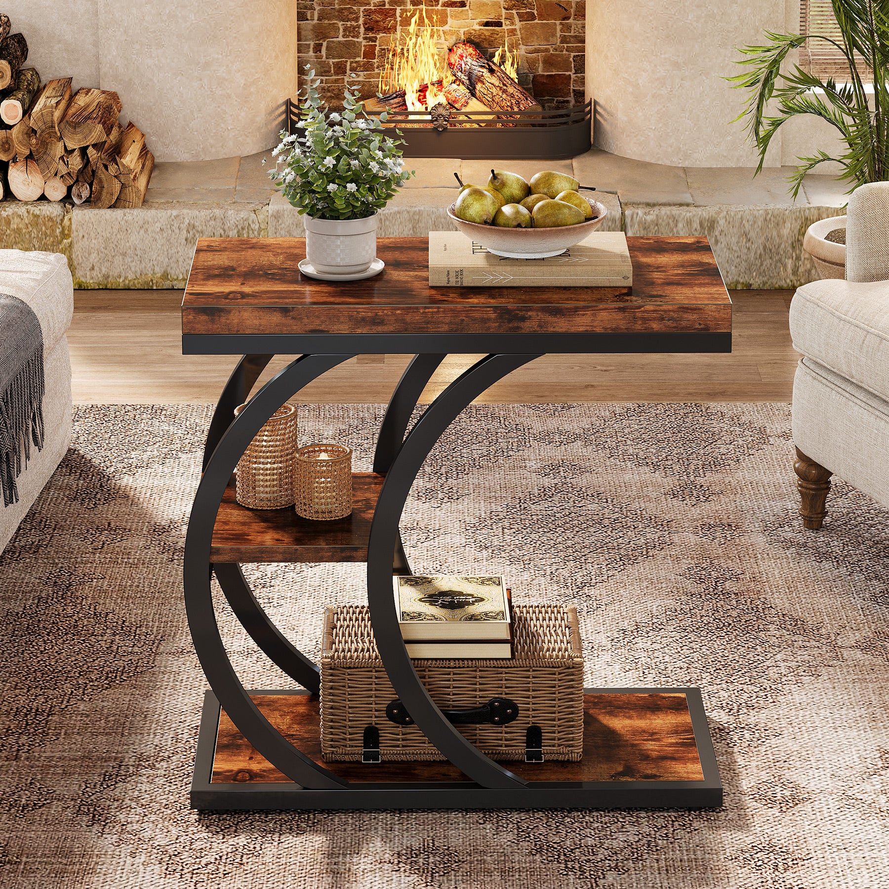 Tribesigns Table d'appoint 3 niveaux 60 cm, Table d'appoint design industriel en forme de C