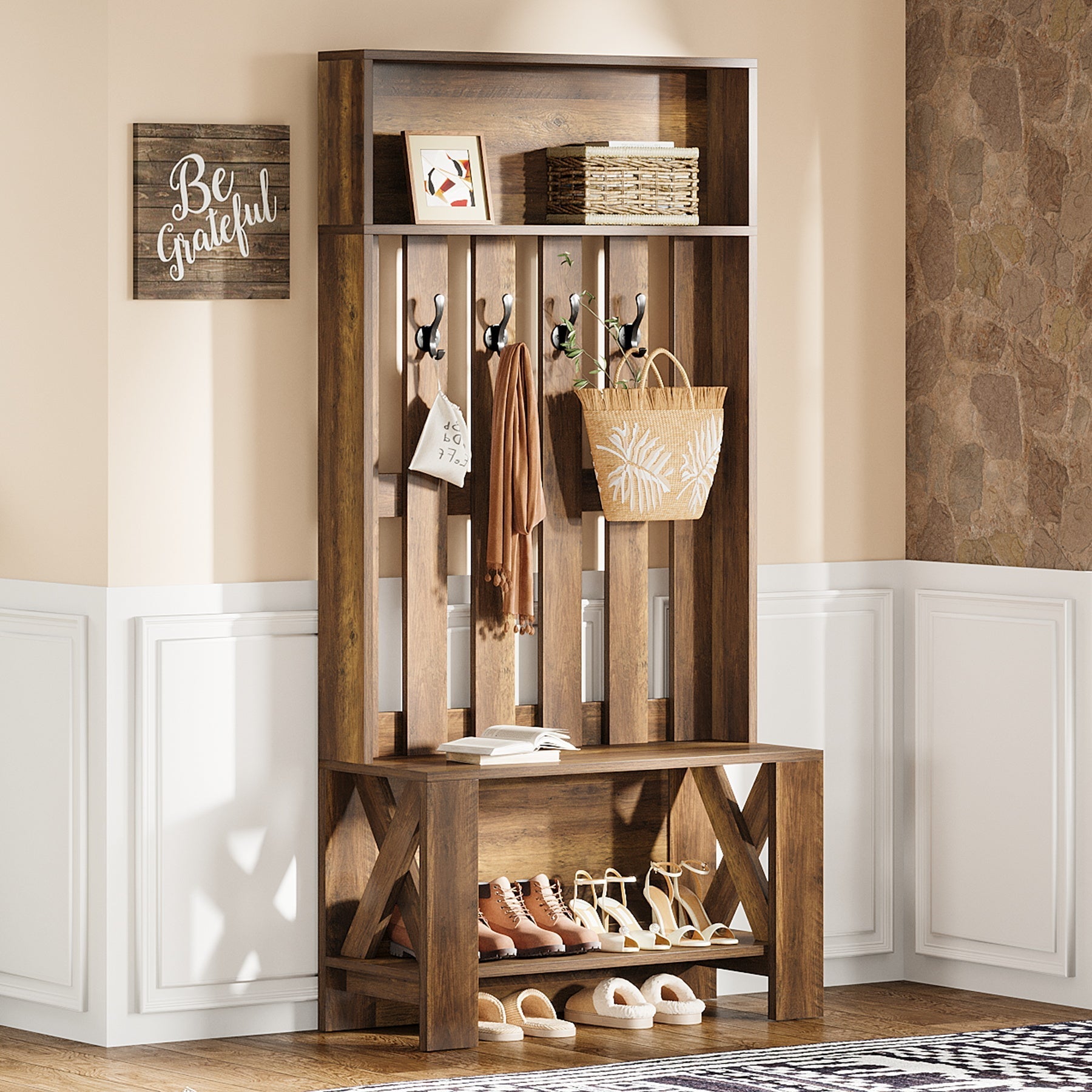 Meuble d'entrée de 180 cm avec banc et rangement à chaussures, Porte-manteau étroit avec crochets pour entrée et couloir