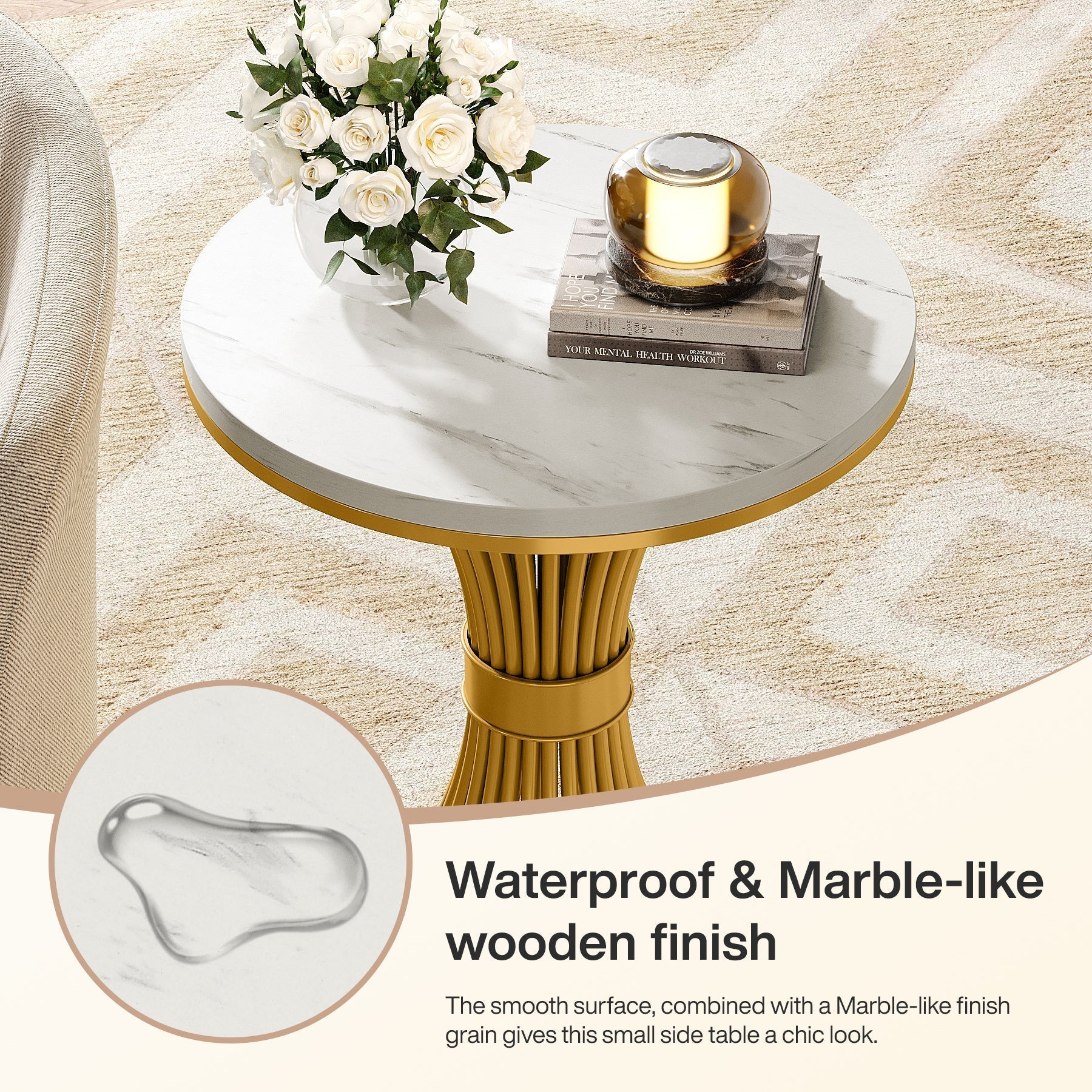 Tribesigns Table d'appoint ronde 51 cm avec plateau effet marbre, Table d'appoint blanche et piètement en métal doré