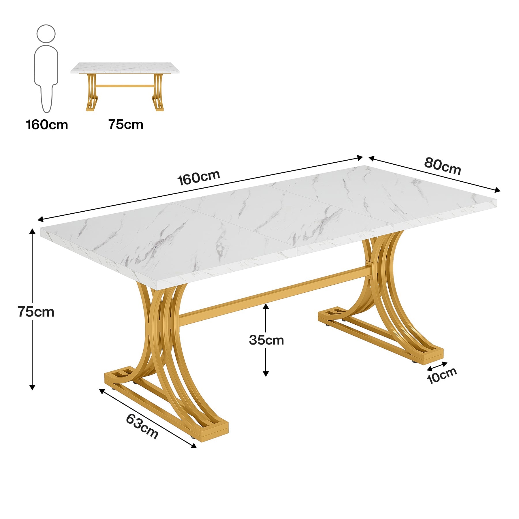 Tribesigns Table de salle à manger moderne de 160 cm avec plateau en marbre artificiel et pieds en métal