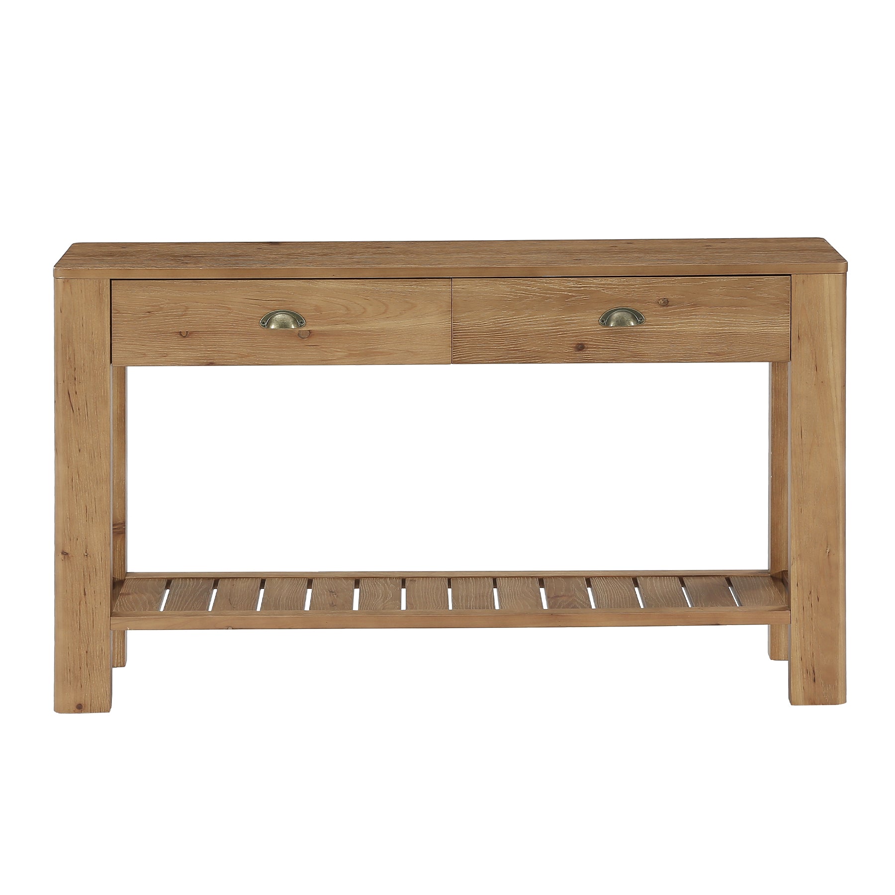 Console en bois massif de 140 cm avec 2 tiroirs, Table d'entrée avec rangement ouvert Table basse derrière le canapé