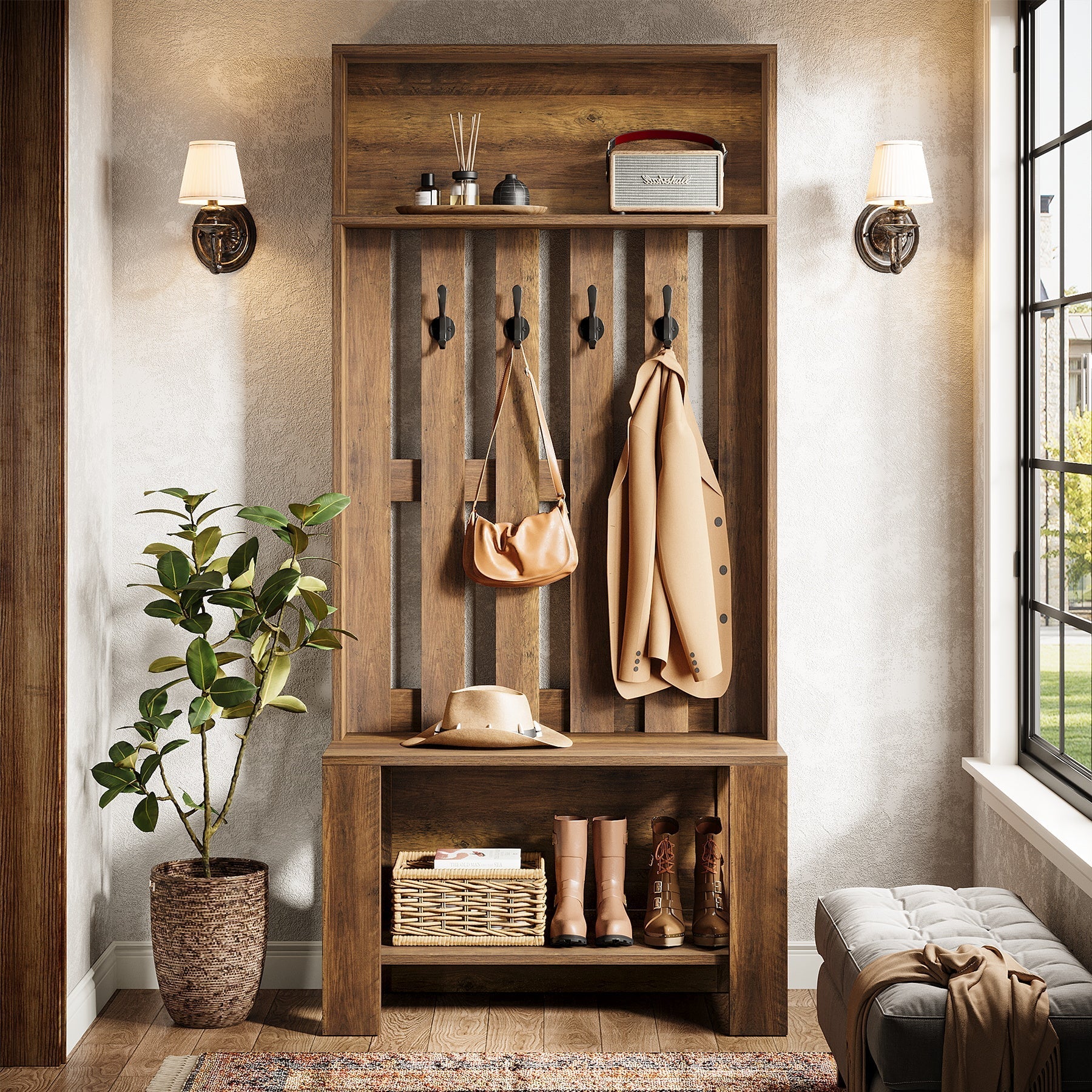 Meuble d'entrée de 180 cm avec banc et rangement à chaussures, Porte-manteau étroit avec crochets pour entrée et couloir