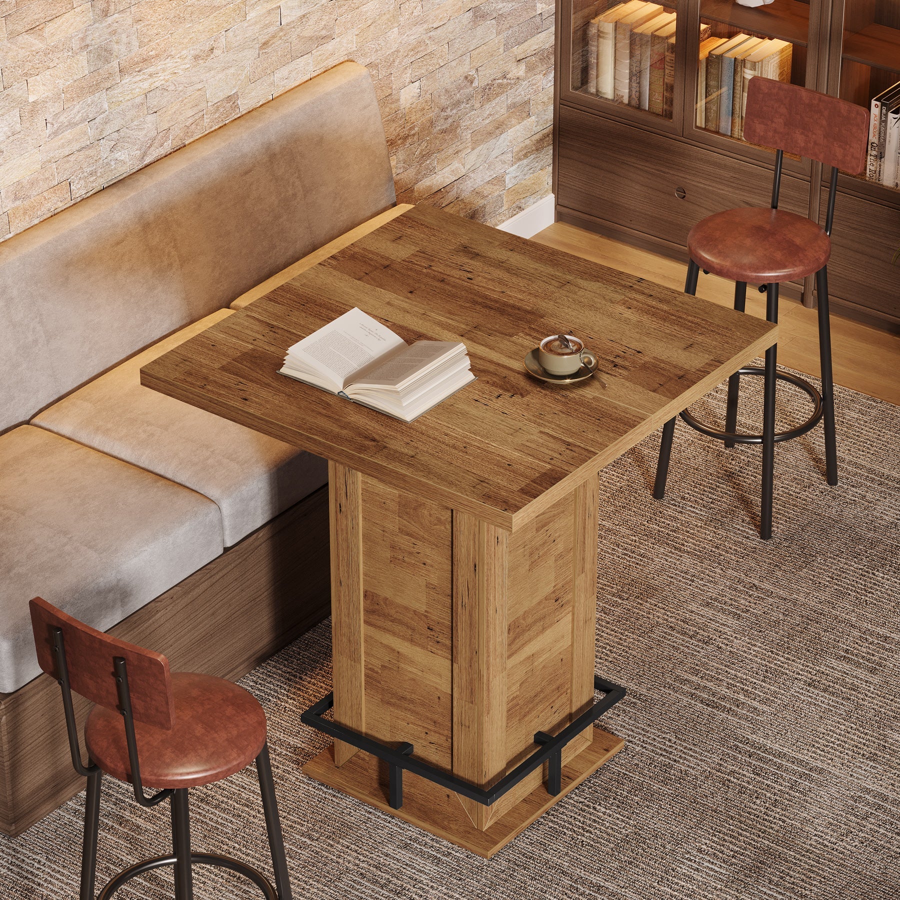 Tribesigns Table de bar carrée industrielle de 100 cm, Table haute de style bistro avec repose-pieds pour coin bar de cuisine dans les petits espaces