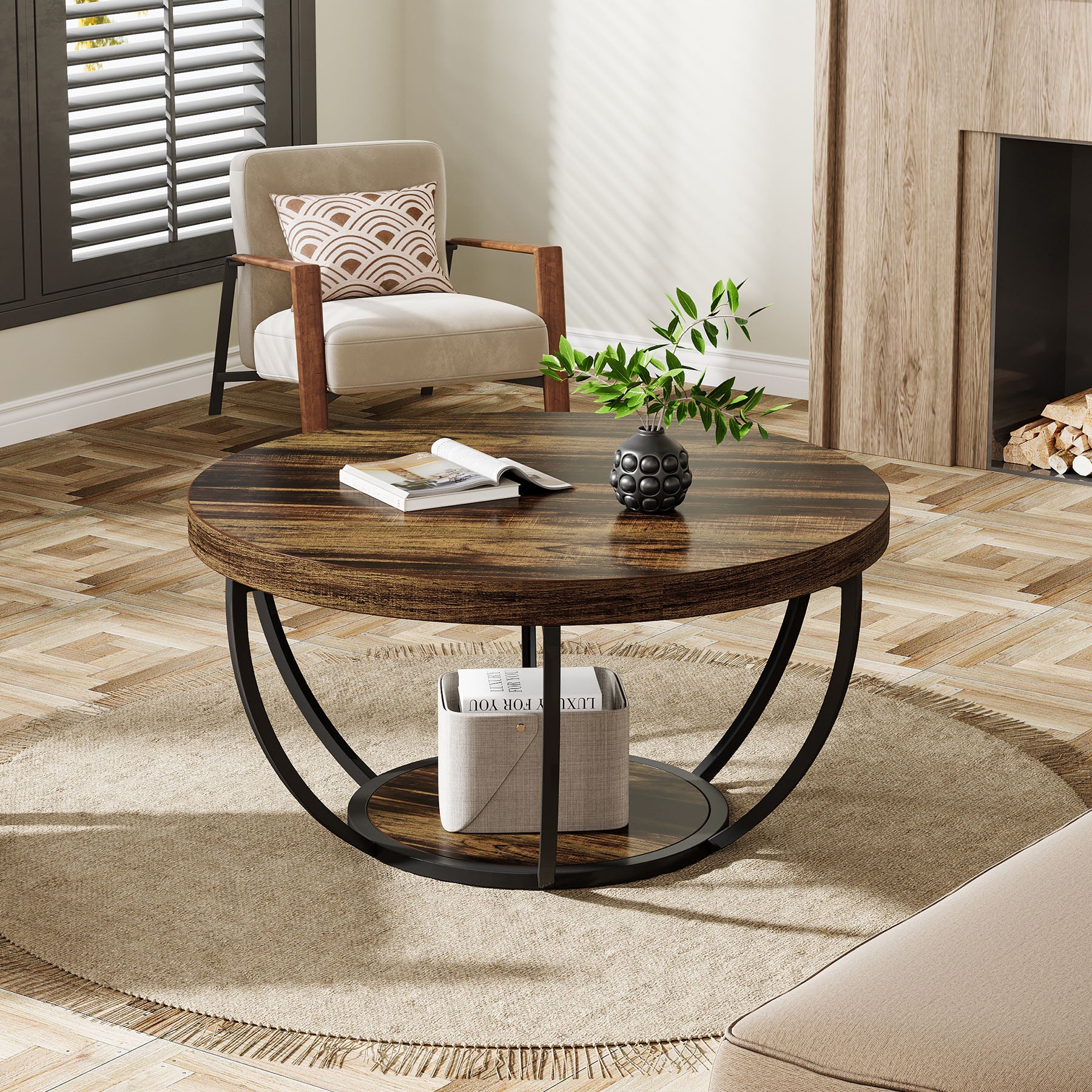 Tribesigns Table basse ronde, Table basse ovale en bois et metal noir