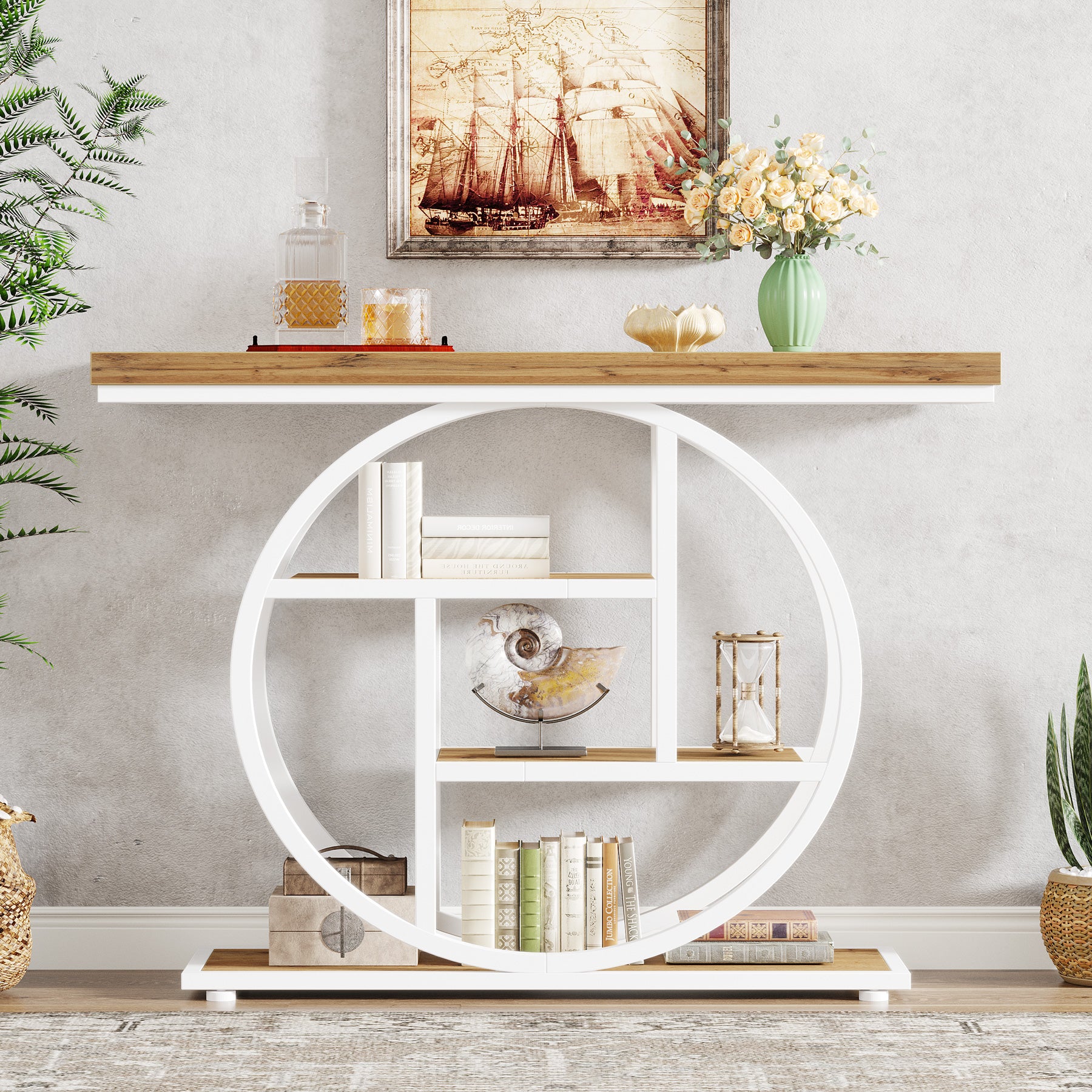 Tribesigns Table console à 4 niveaux avec base circulaire, Tables d'appoint étroites en bois