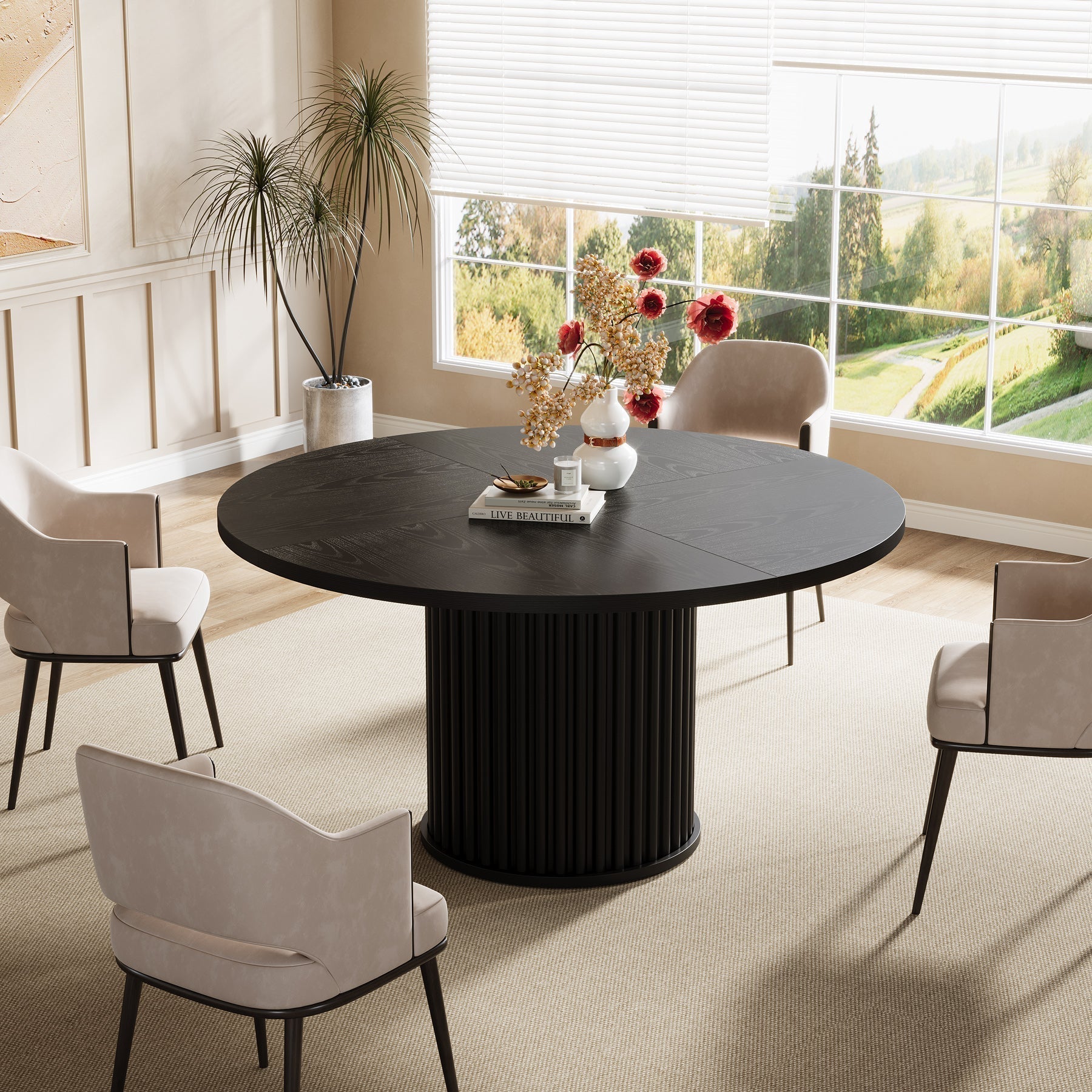 Tribesigns Table de salle à manger ronde noire de 120 cm pour 4 à 6 personnes, Table de cuisine moderne avec piètement en métal