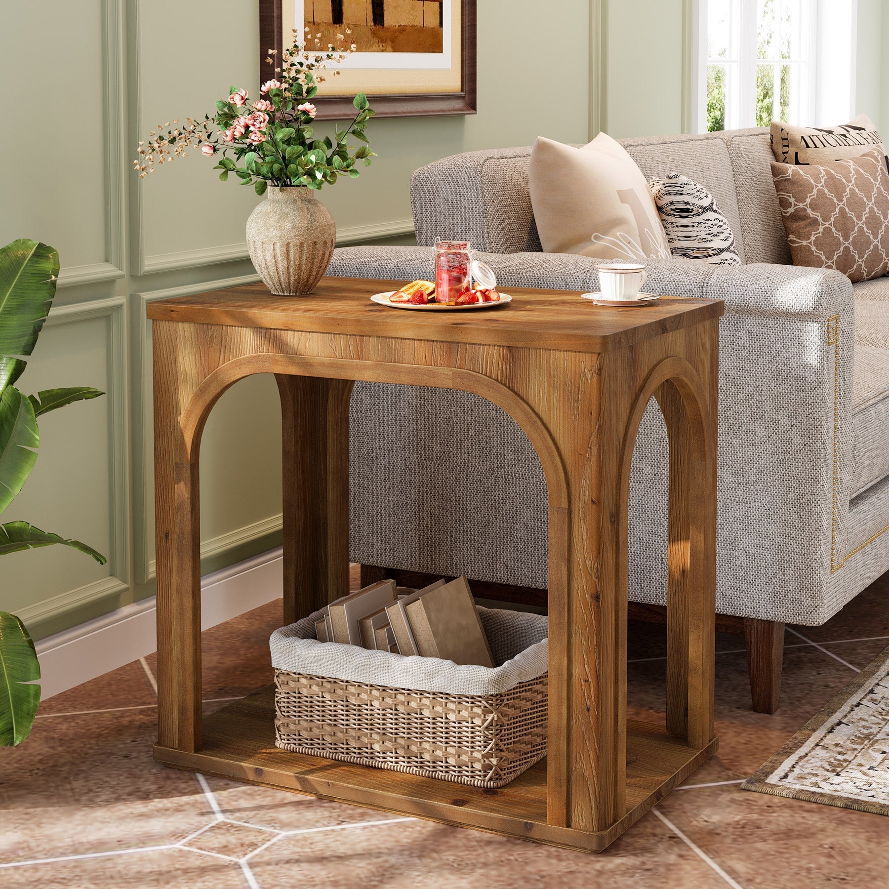 Table d'appoint rustique en bois massif de 64 cm avec 2 étagères