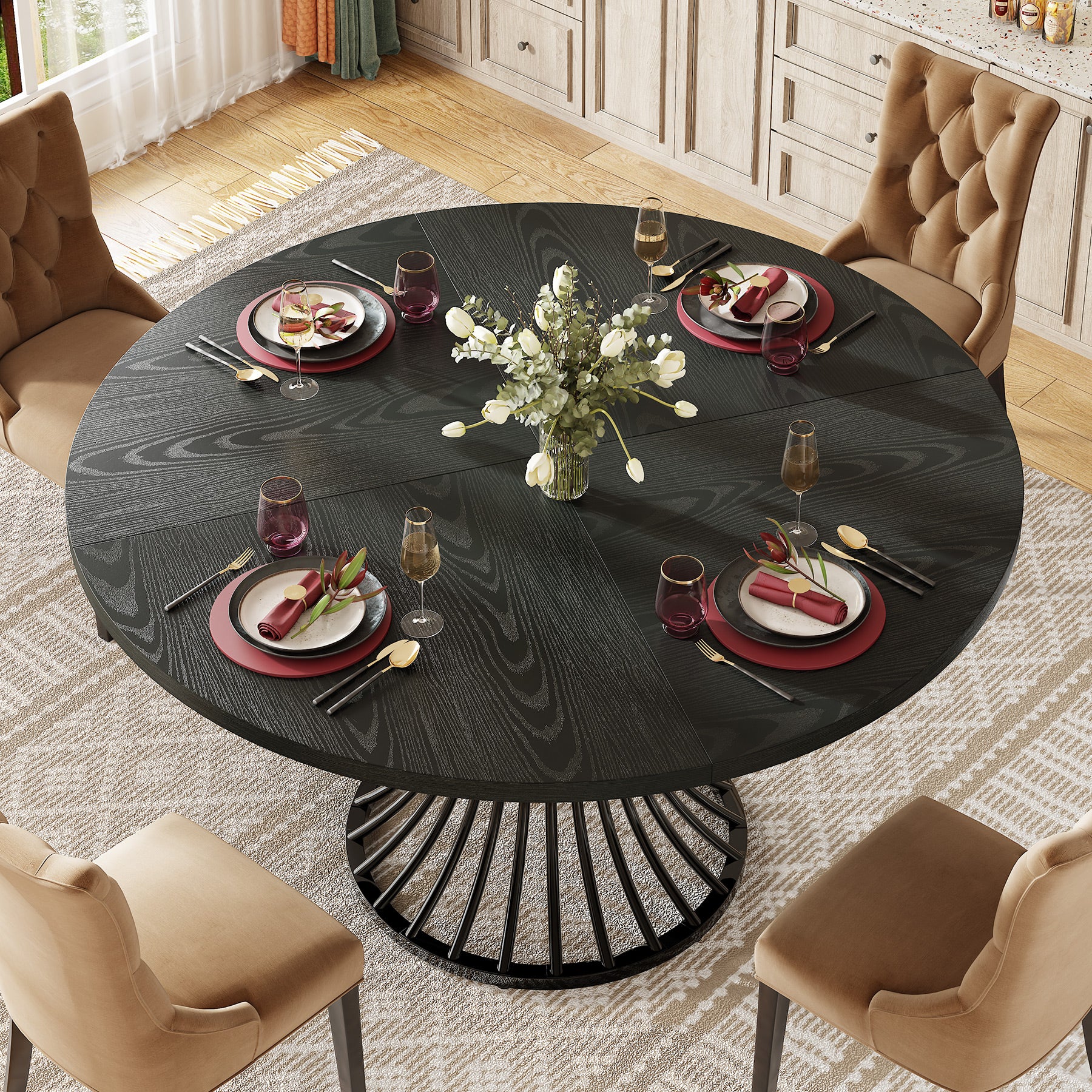 Tribesigns Table de salle à manger ronde pour 4 à 6 personnes, Table de cuisine ronde avec pied en métal pour cuisine