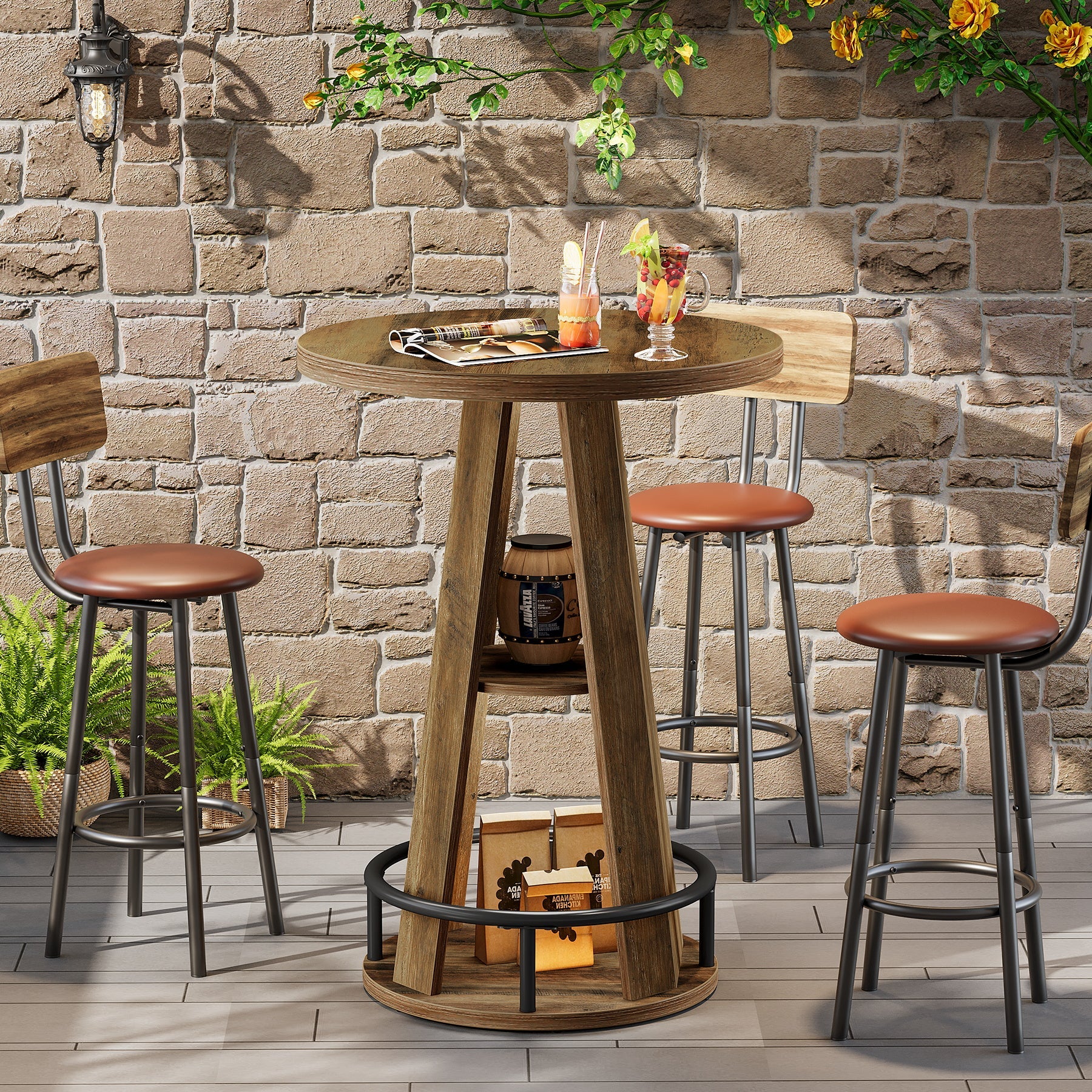 Tribesigns Table de bar ronde de 100 cm avec rangement, Table bistro industrielle pour salon, bar, petits espaces