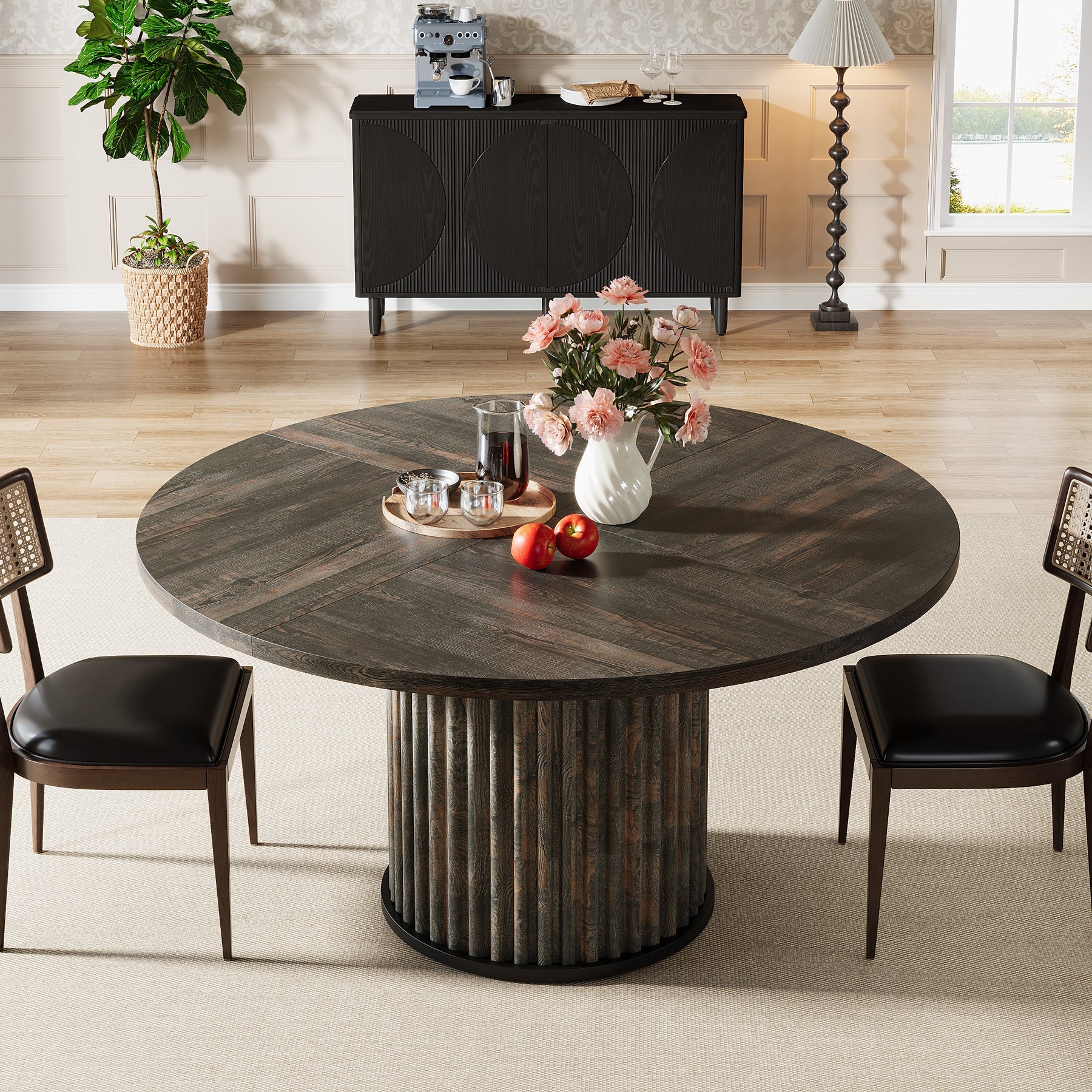 Tribesigns Table de salle à manger ronde noire de 120 cm pour 4 à 6 personnes, Table de cuisine moderne avec piètement en métal
