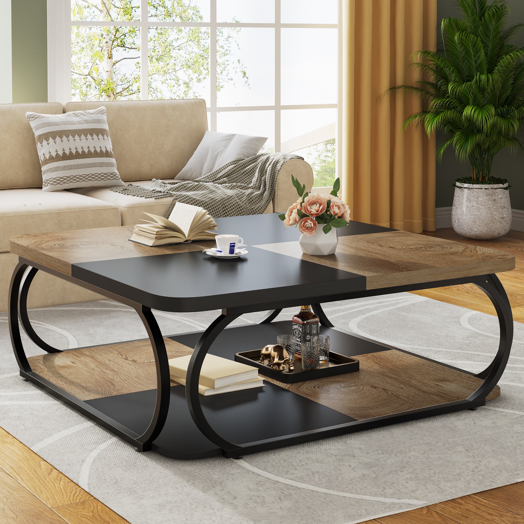 Tribesigns Table basse carrée, Table centrale de ferme avec étagère de rangement