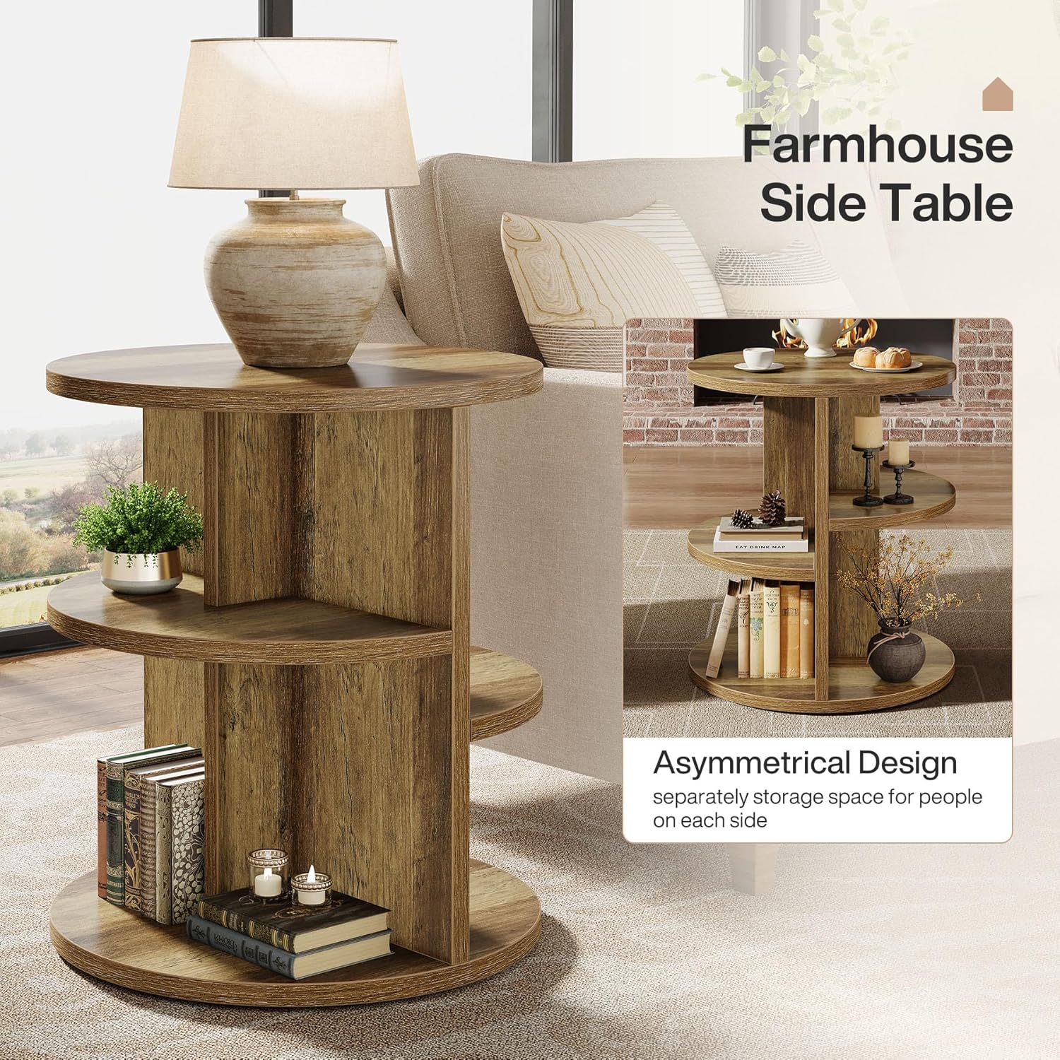 60cm 3-stufiger Beistelltisch - Landhausstil 3 Ablageflächen für Wohnzimmer und Schlafzimmer