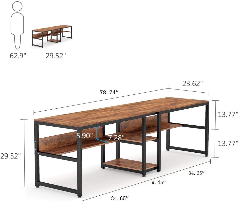Tribesigns Bureau avec Rangement, 200 cm Bureau d'Ordinateur Double pour Deux Personnes, Bureau d'écriture Rustique avec étagère