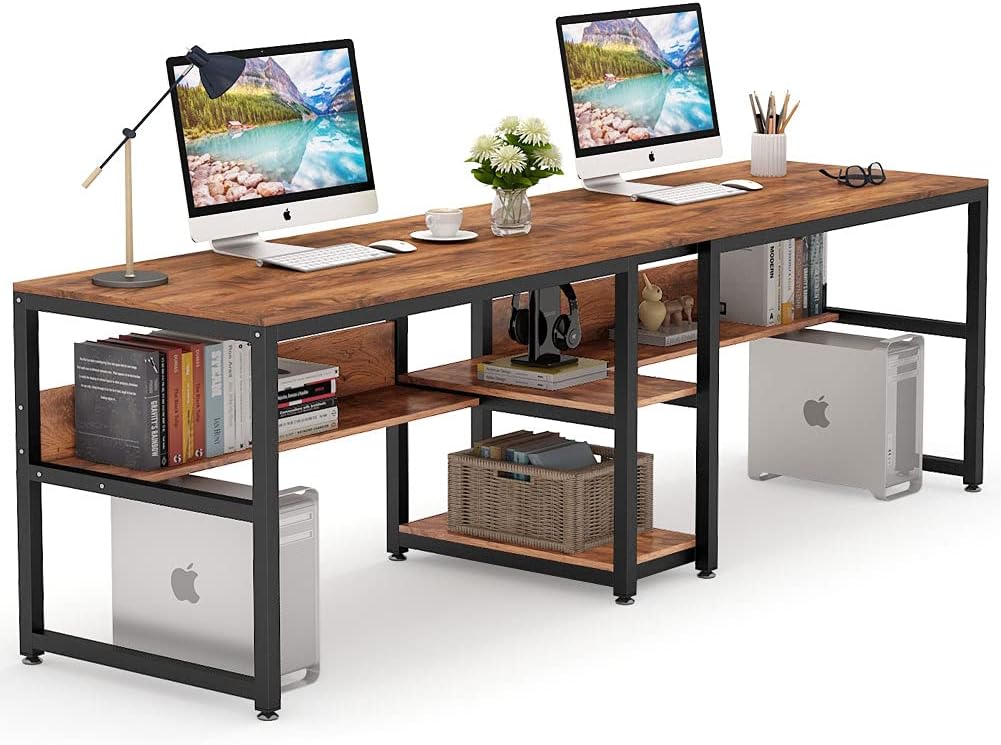Tribesigns Bureau avec Rangement, 200 cm Bureau d'Ordinateur Double pour Deux Personnes, Bureau d'écriture Rustique avec étagère