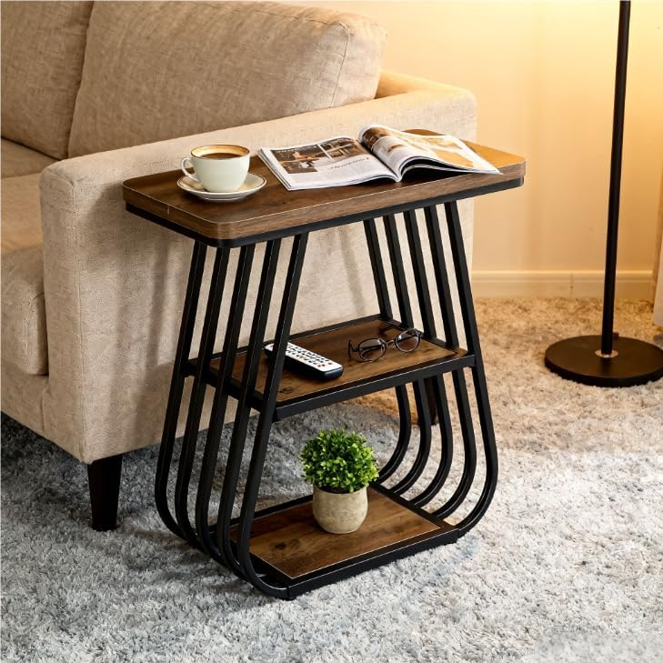 Tribesigns Table d'appoint de 60 cm pour salon, Table étroite à 3 niveaux avec étagère de rangement