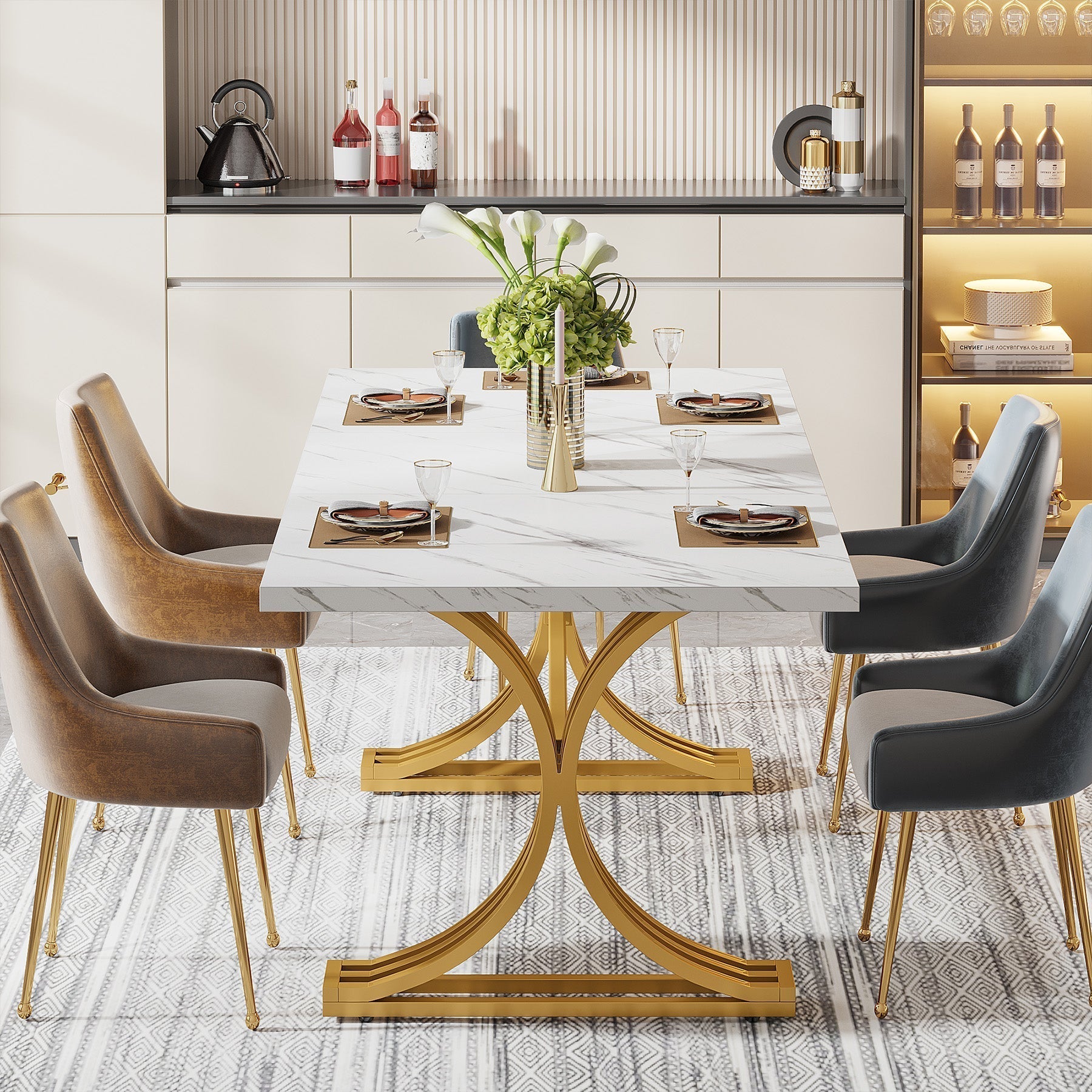 Tribesigns Table de salle à manger moderne de 160 cm avec plateau en marbre artificiel et pieds en métal