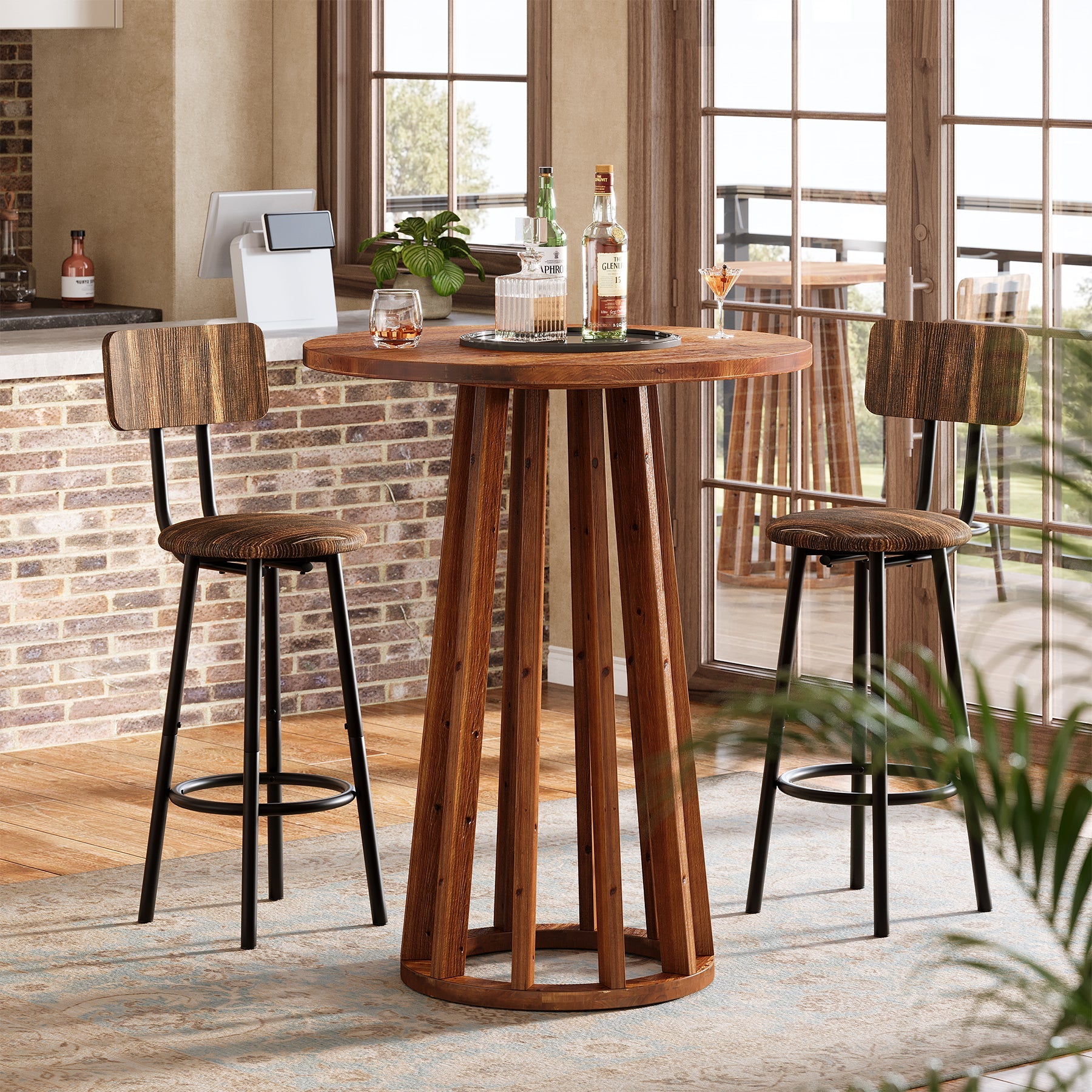 Tribesigns Table haute ronde 95 cm de hauteur, Table de bar en bois massif de style campagnard