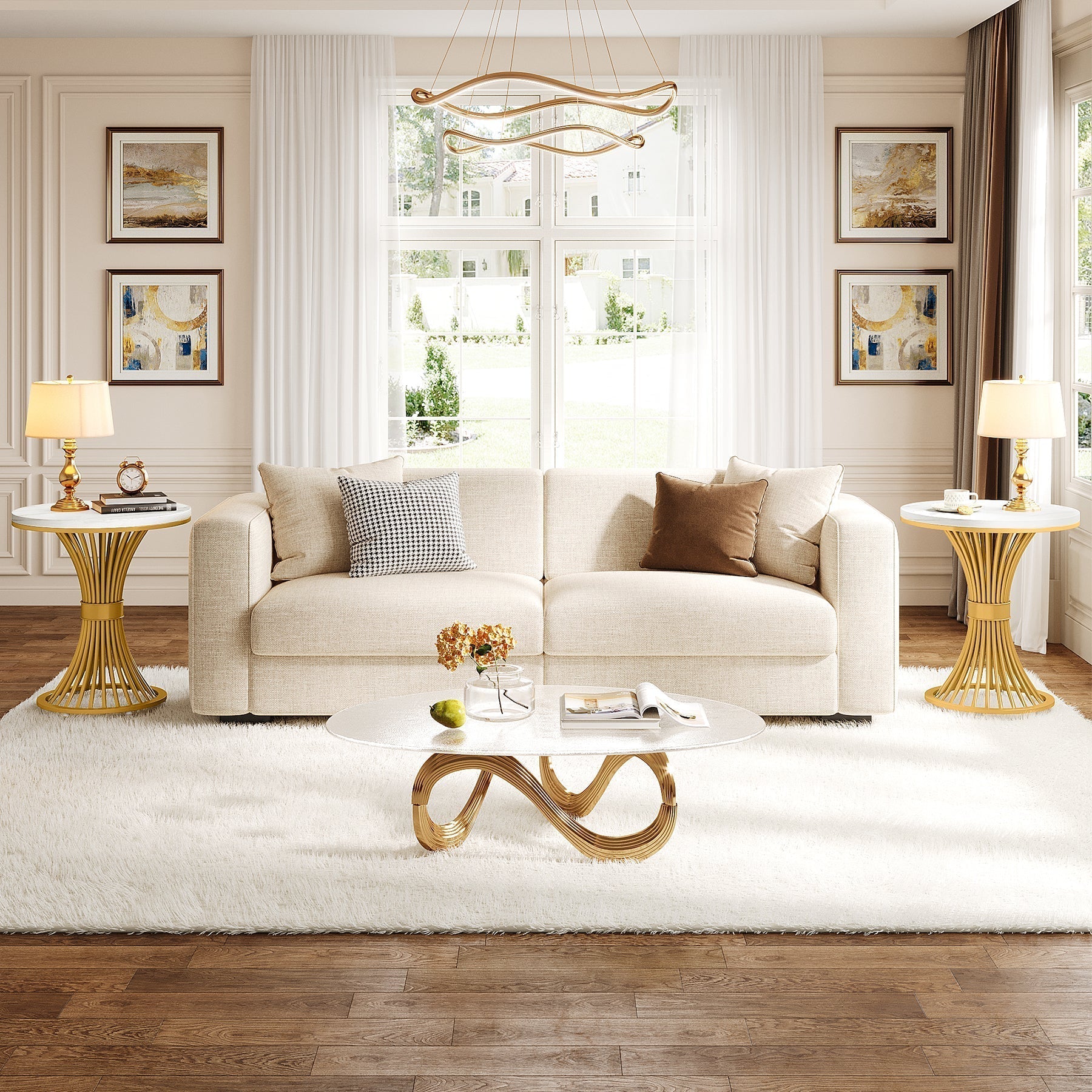 Tribesigns Table d'appoint ronde 51 cm avec plateau effet marbre, Table d'appoint blanche et piètement en métal doré