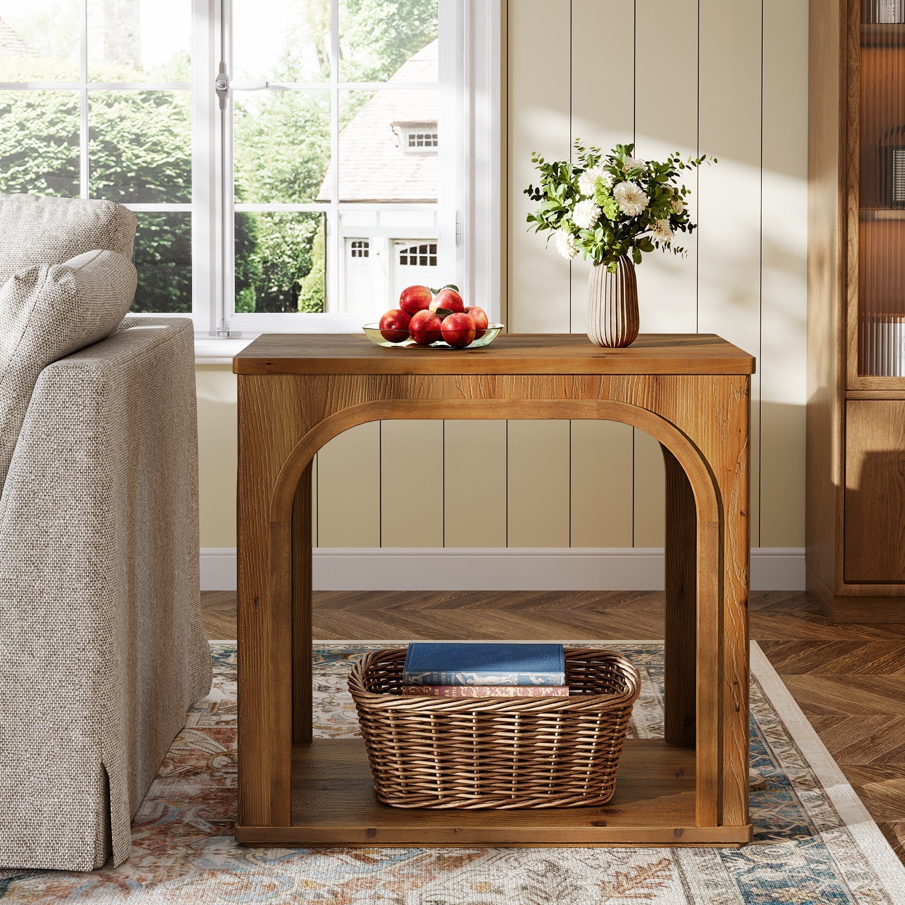 Table d'appoint rustique en bois massif de 64 cm avec 2 étagères