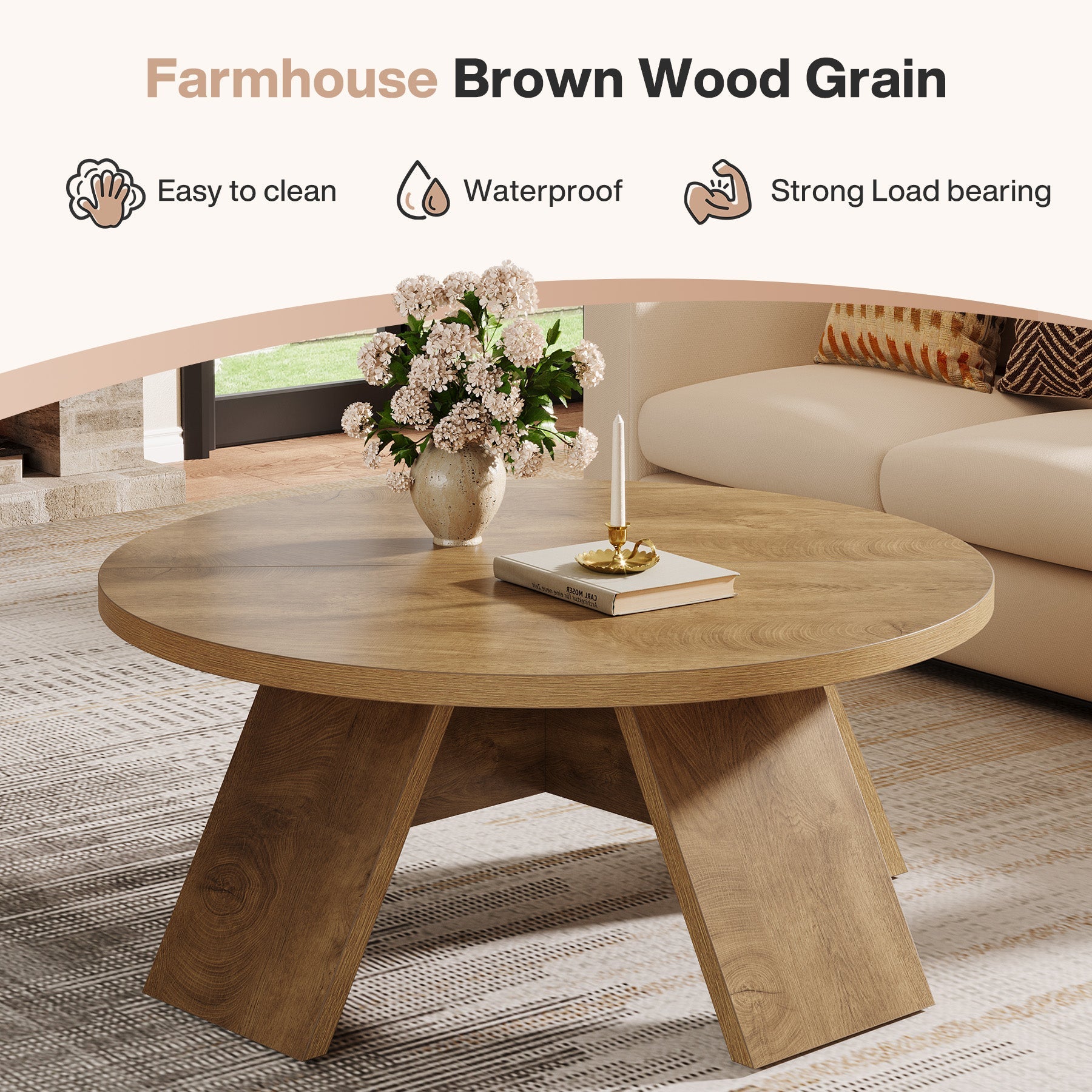 Tribesigns Table basse ronde en bois de 100 cm avec pieds évasés, Table d'appoint moderne pour salon