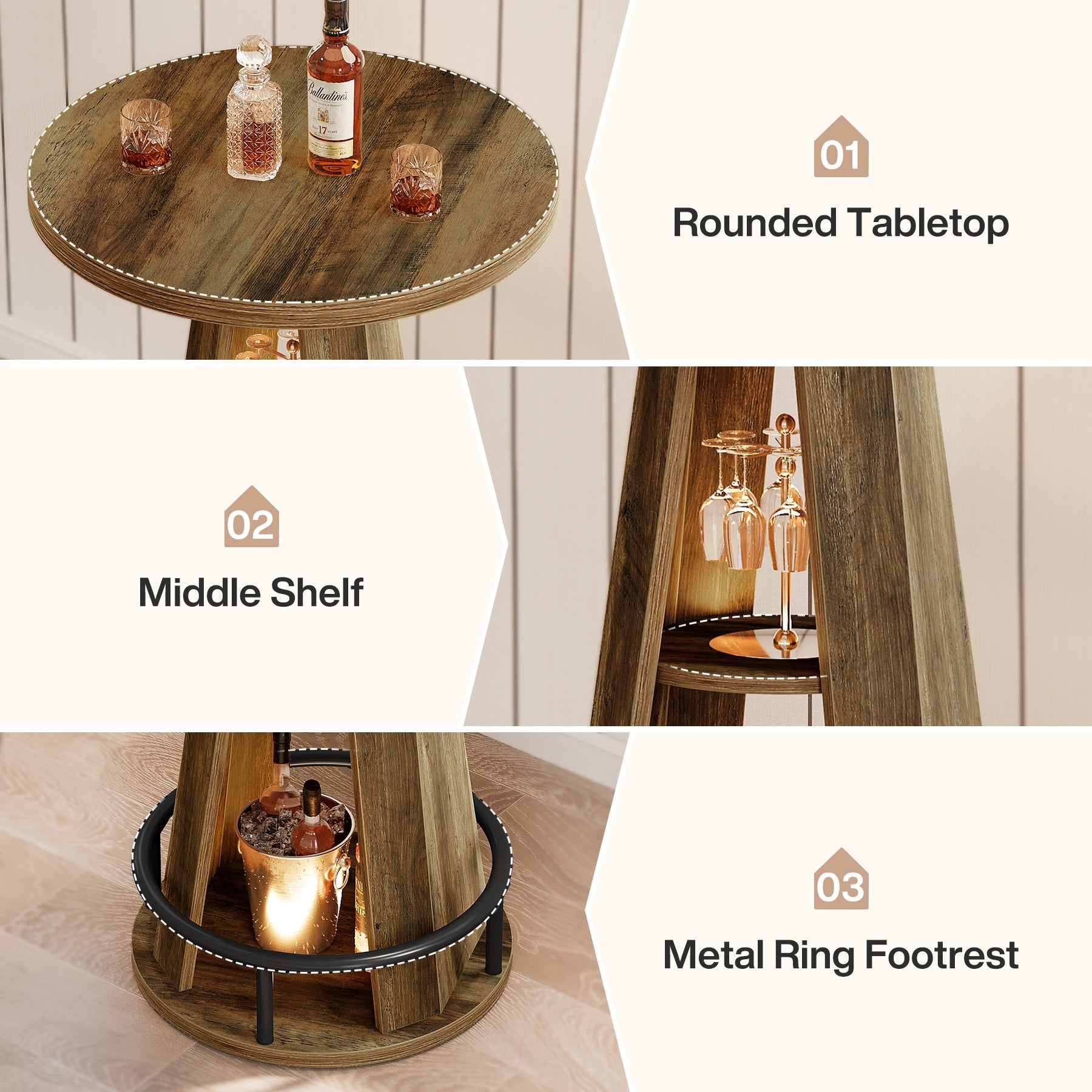 Tribesigns Table de bar ronde de 100 cm avec rangement, Table bistro industrielle pour salon, bar, petits espaces