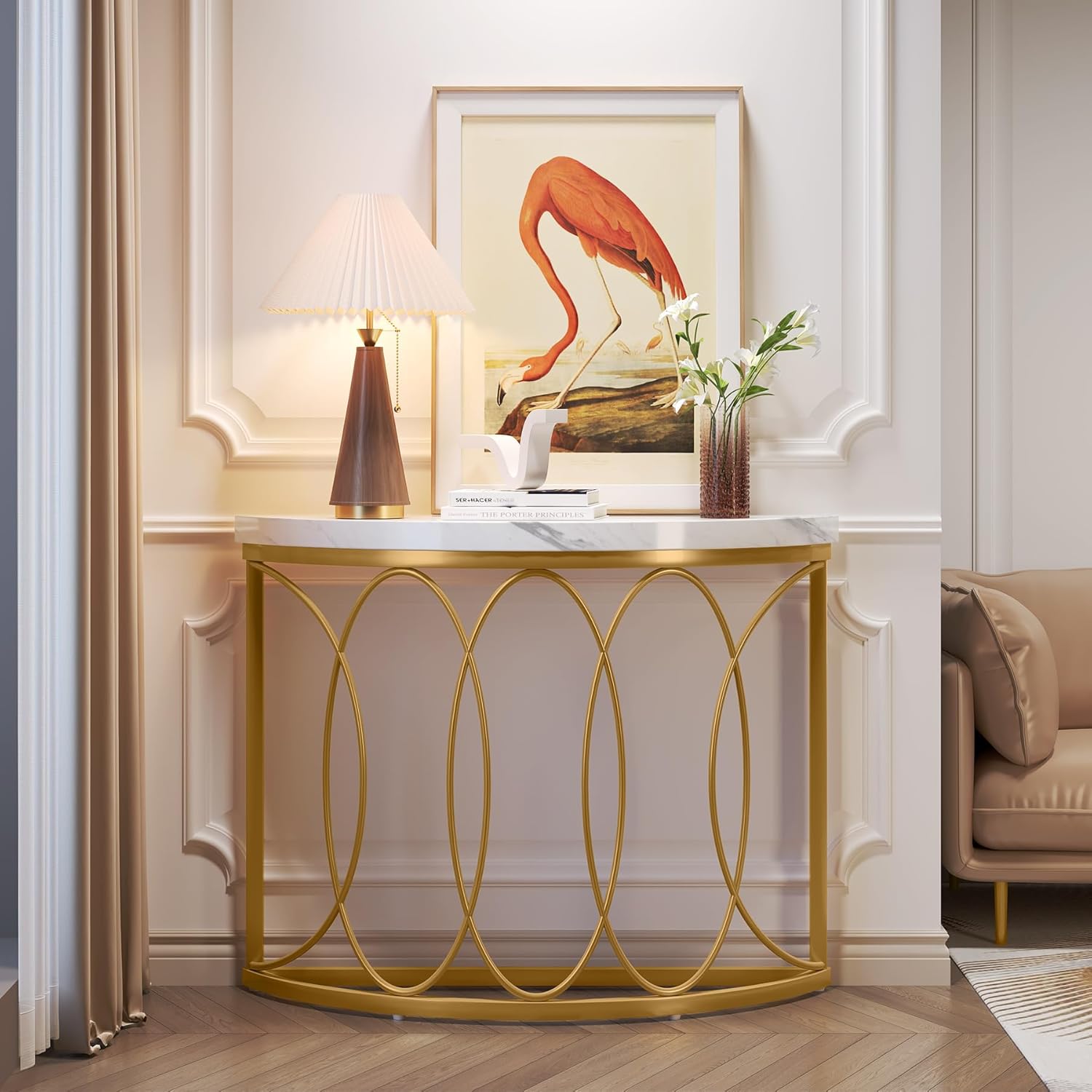 Tribesigns Table console dorée, Table de couloir en imitation marbre