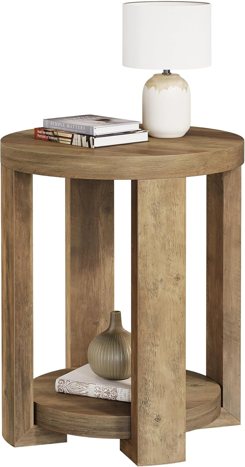 Tribesigns Table d'appoint ronde 50 cm avec rangement, Style campagne moderne table de chevet à 2 niveaux couleur marron