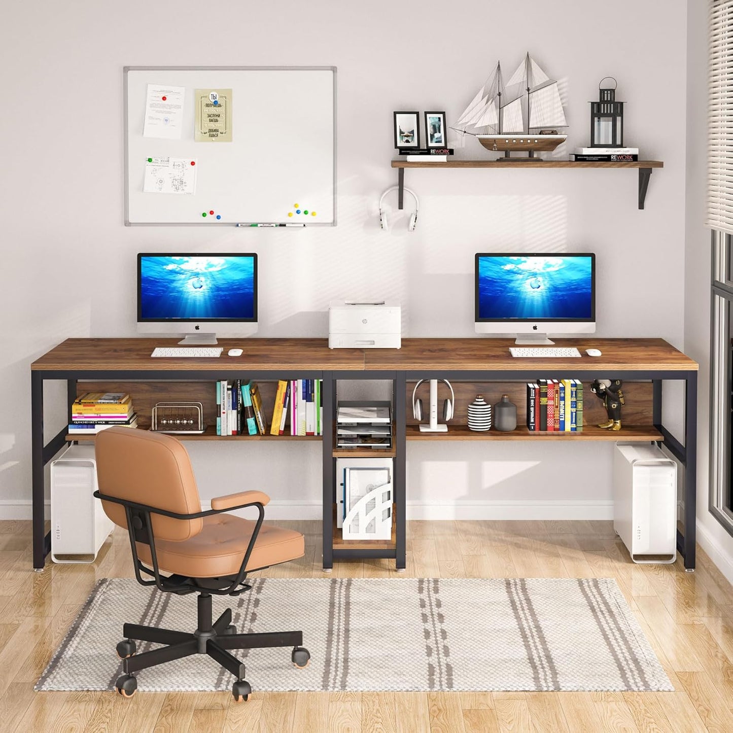 Tribesigns Bureau avec Rangement, 200 cm Bureau d'Ordinateur Double pour Deux Personnes, Bureau d'écriture Rustique avec étagère