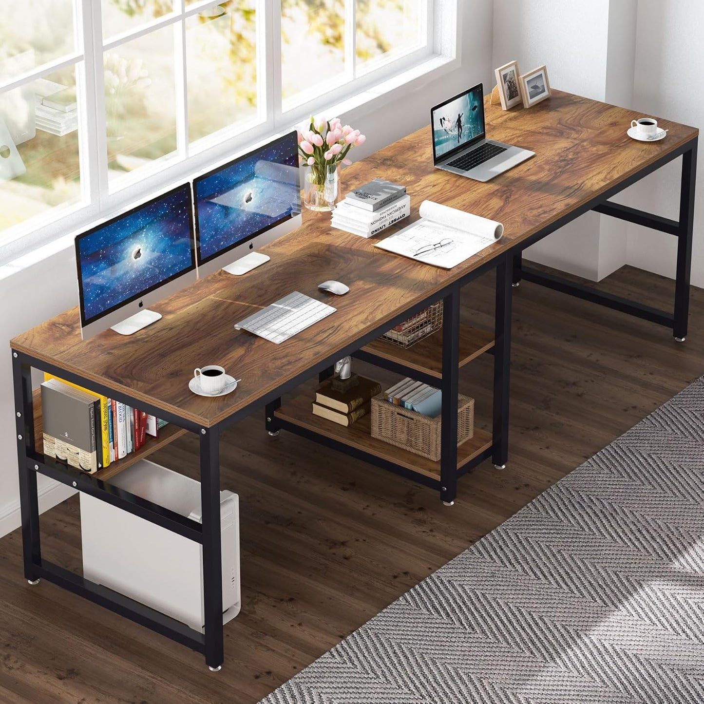 Tribesigns Bureau avec Rangement, 200 cm Bureau d'Ordinateur Double pour Deux Personnes, Bureau d'écriture Rustique avec étagère