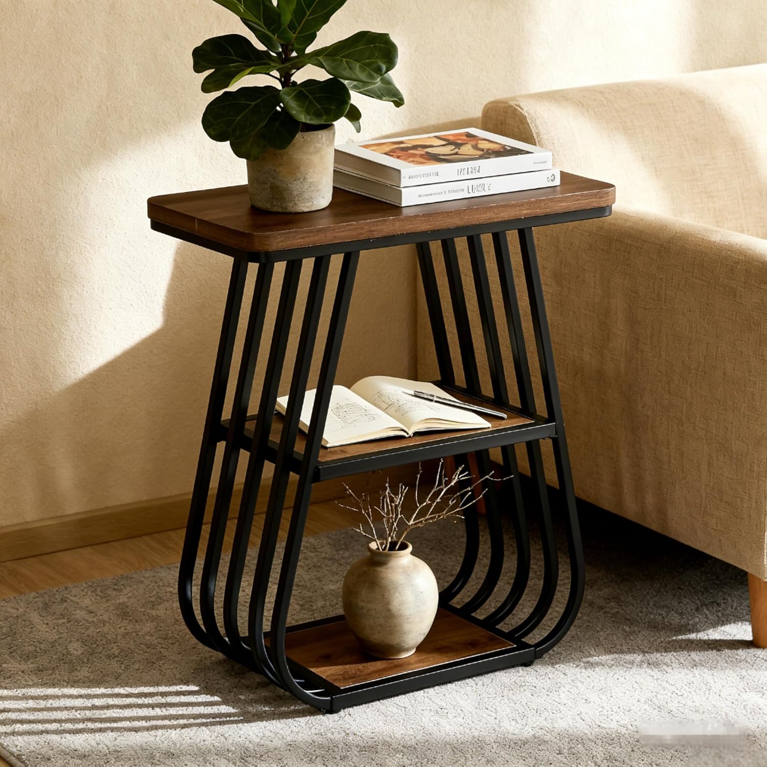 Tribesigns Table d'appoint de 60 cm pour salon, Table étroite à 3 niveaux avec étagère de rangement