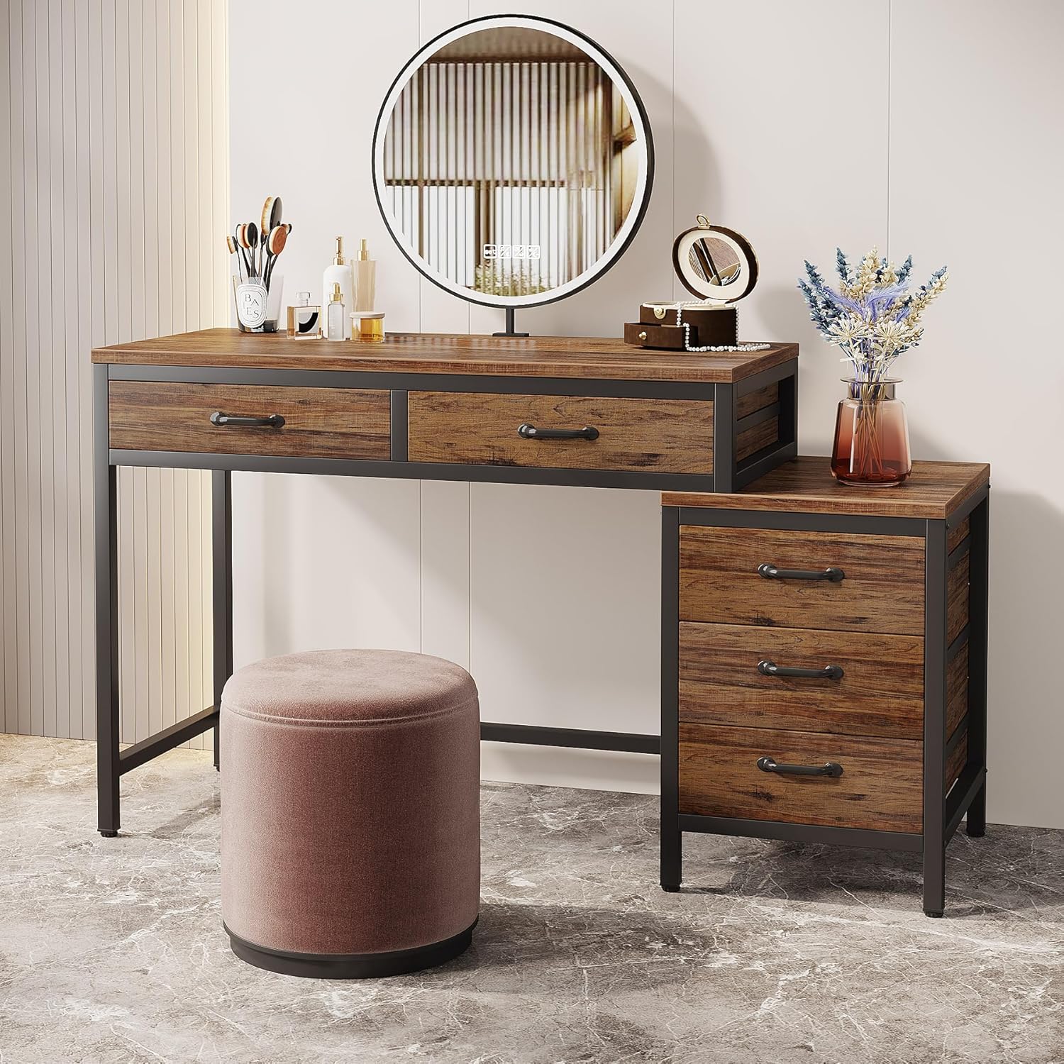 Tribesigns Coiffeuse avec 5 tiroirs, Coiffeuse avec commode latérale à 3 tiroirs