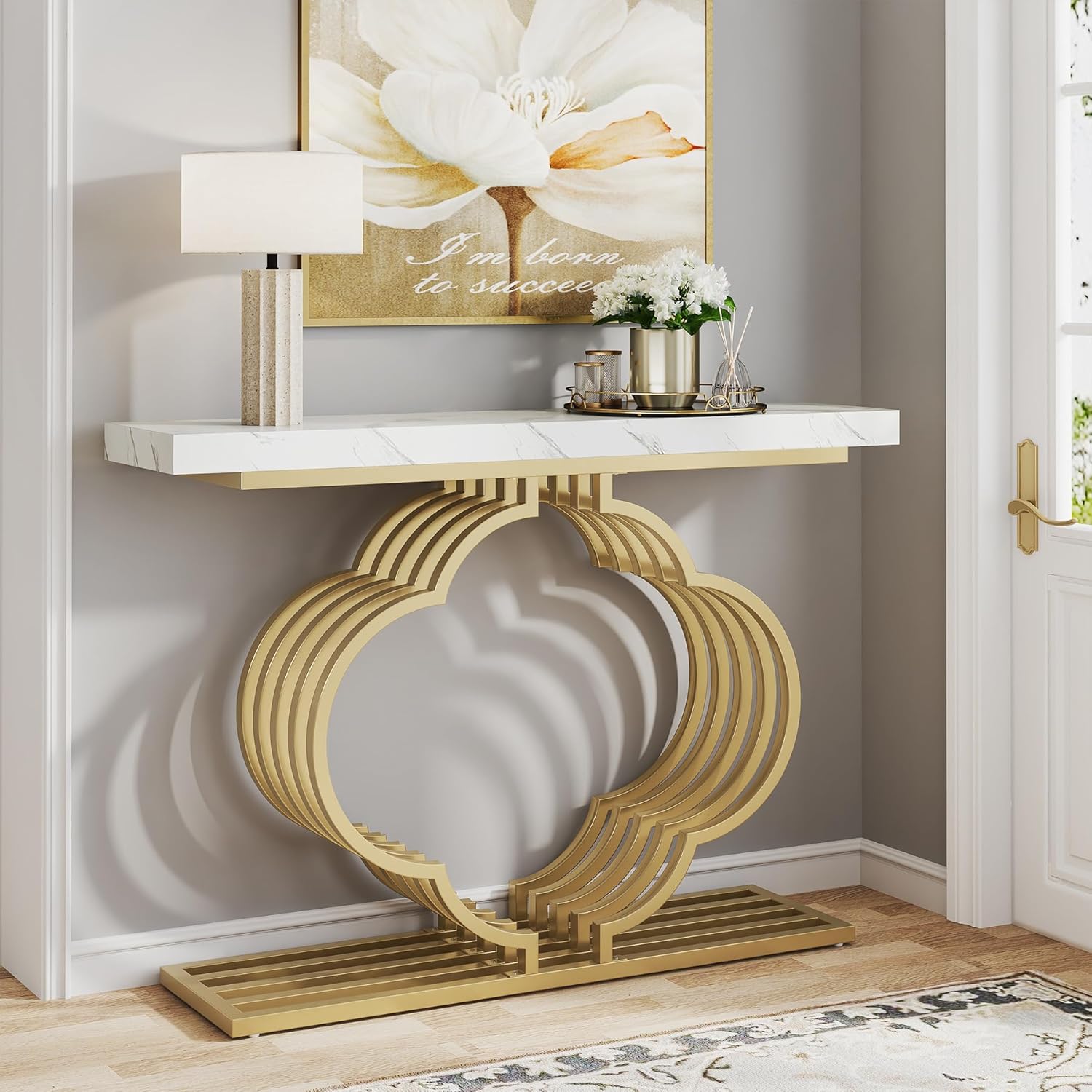 Tribesigns Table Console dorée, Console doré avec piédestal en faux marbrel en forme de fleur