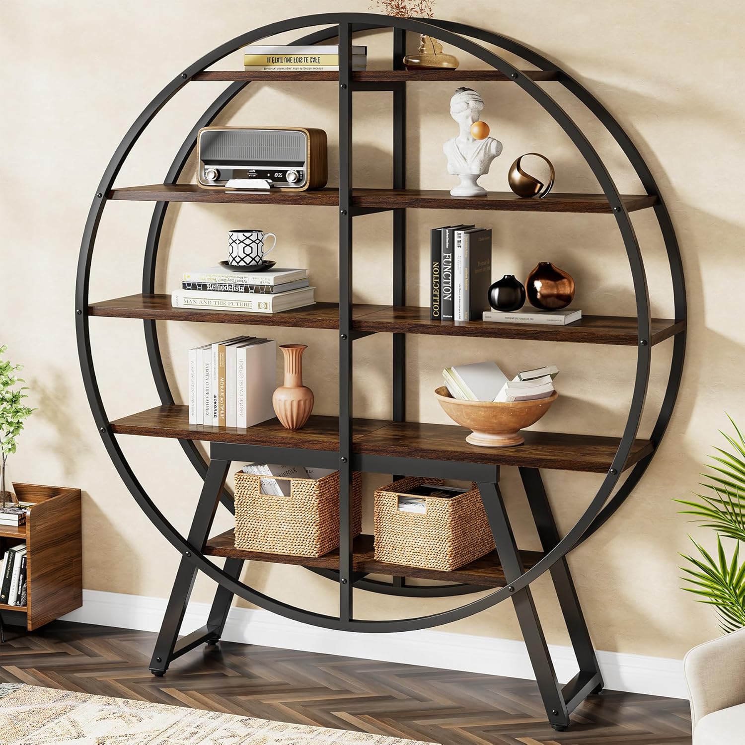 Tribesigns Bibliothèque design, Étagère ronde à 5 niveaux pour salon