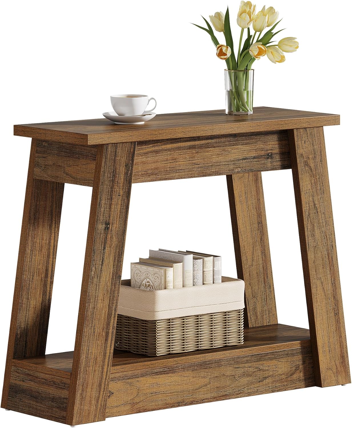 Tribesigns Table d'appoint étroite à 2 étagères, Table de chevet aspect bois petite table d'appoint style rustique