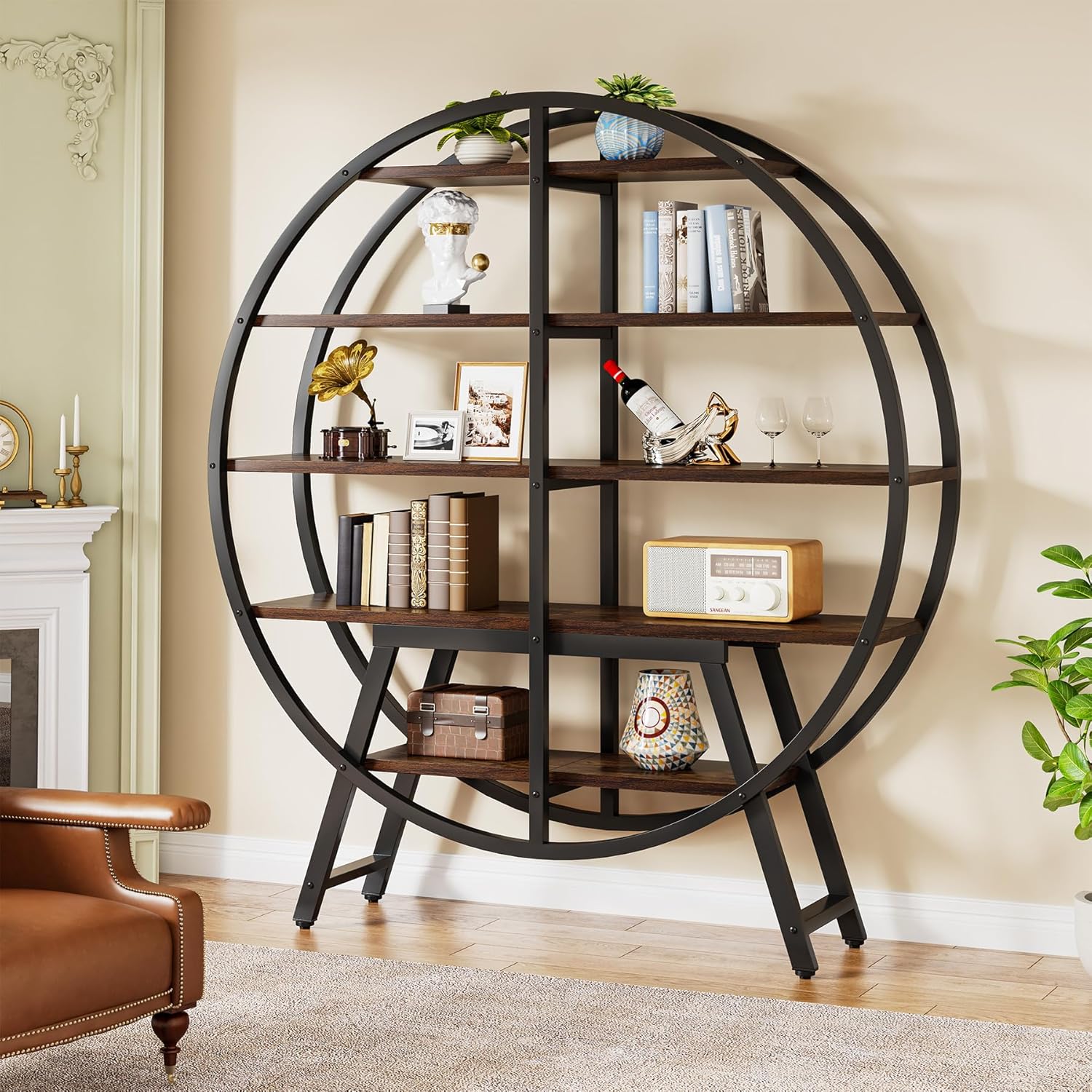 Tribesigns Bibliothèque design, Étagère ronde à 5 niveaux pour salon