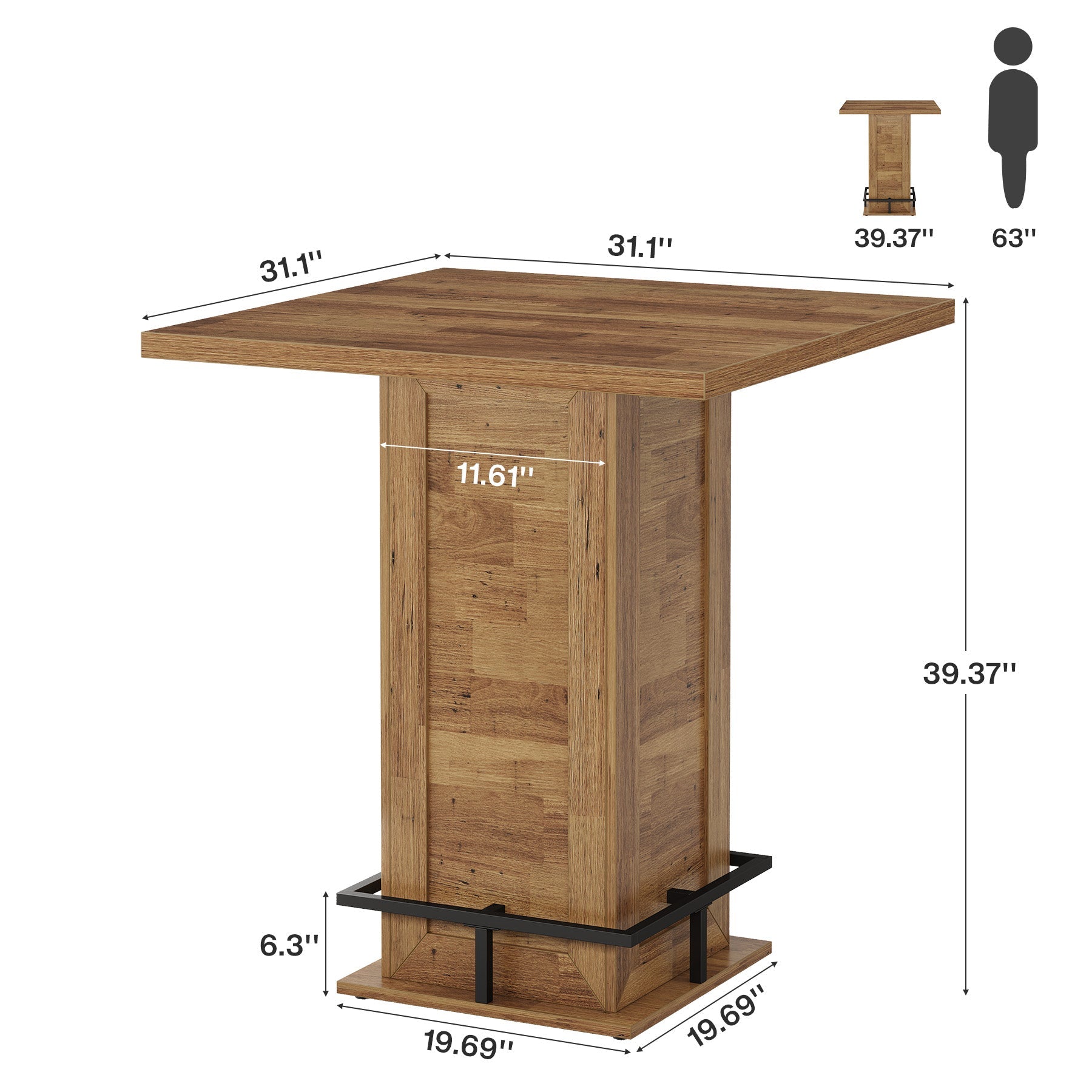 Tribesigns Table de bar carrée industrielle de 100 cm, Table haute de style bistro avec repose-pieds pour coin bar de cuisine dans les petits espaces