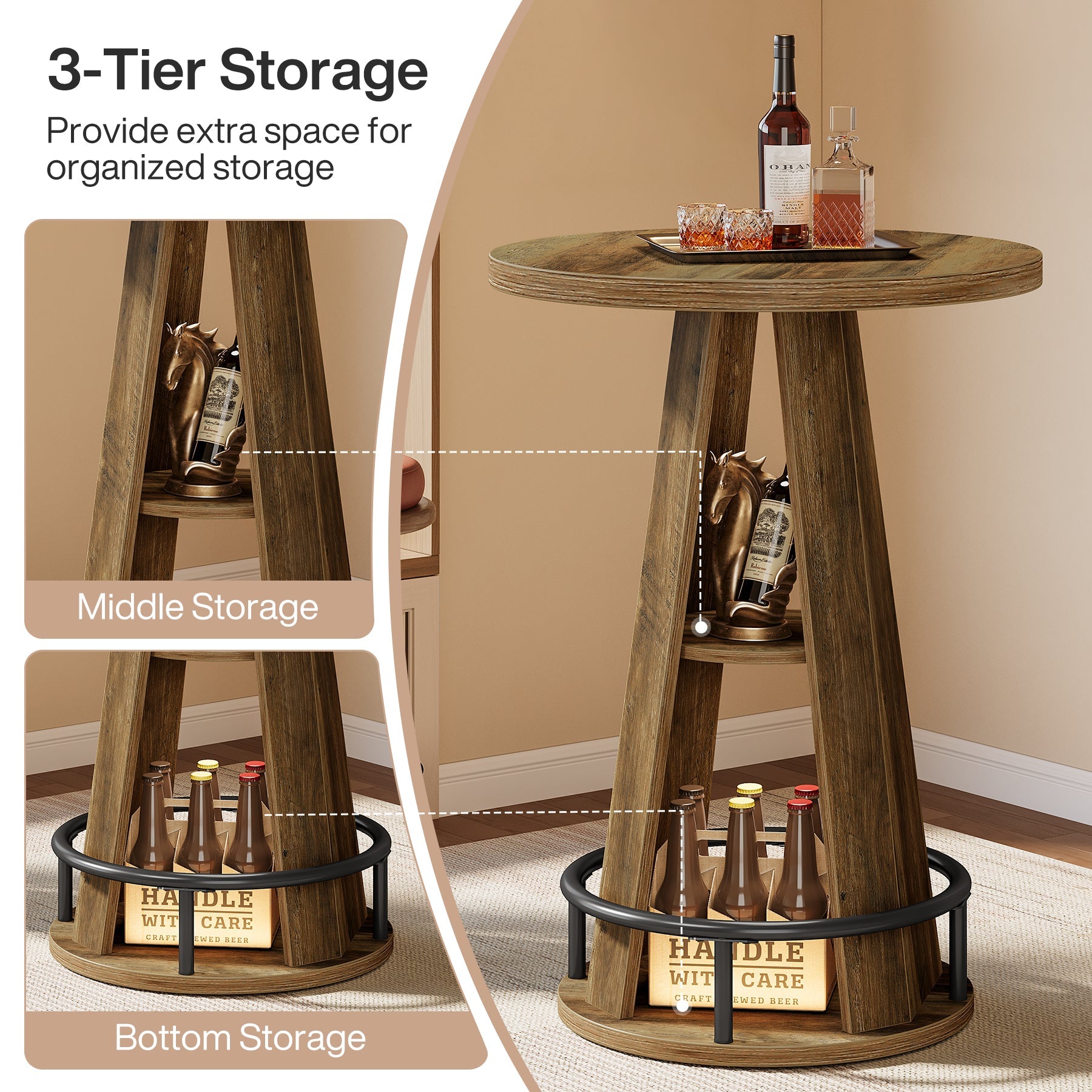Tribesigns Table de bar ronde de 100 cm avec rangement, Table bistro industrielle pour salon, bar, petits espaces
