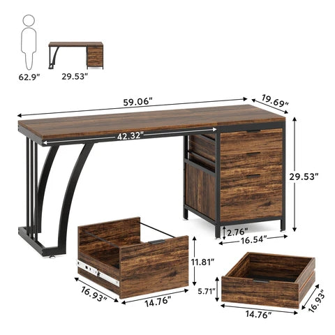 Tribesigns Bureau informatique industriel, Bureau 150 cm avec armoire à tiroirs réversible